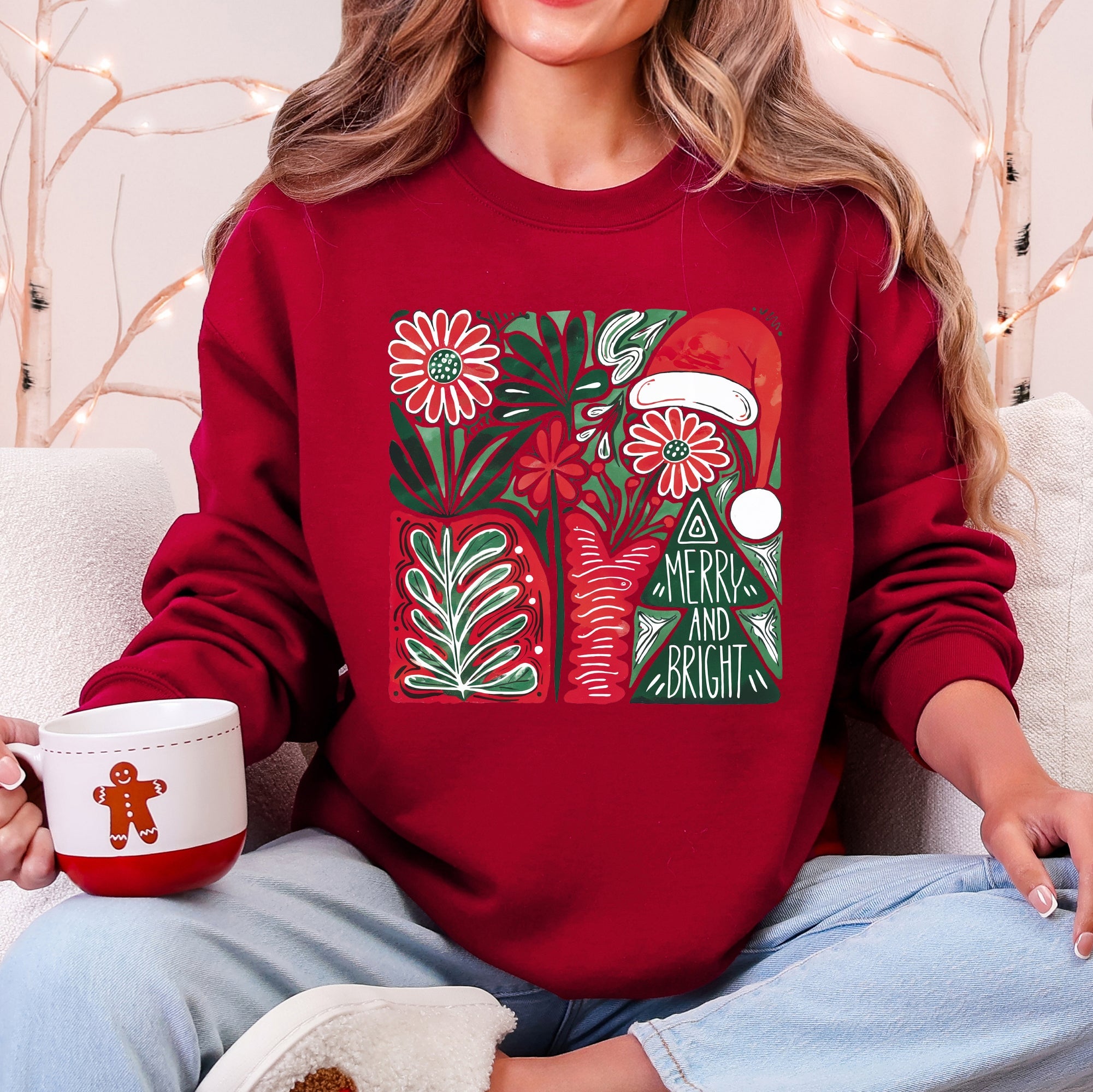 Merry and Bright Pattern Blocks Christmas Santa Hat Tree Ribbon Bow Vintage Retro Holiday Cheer Sweatshirt