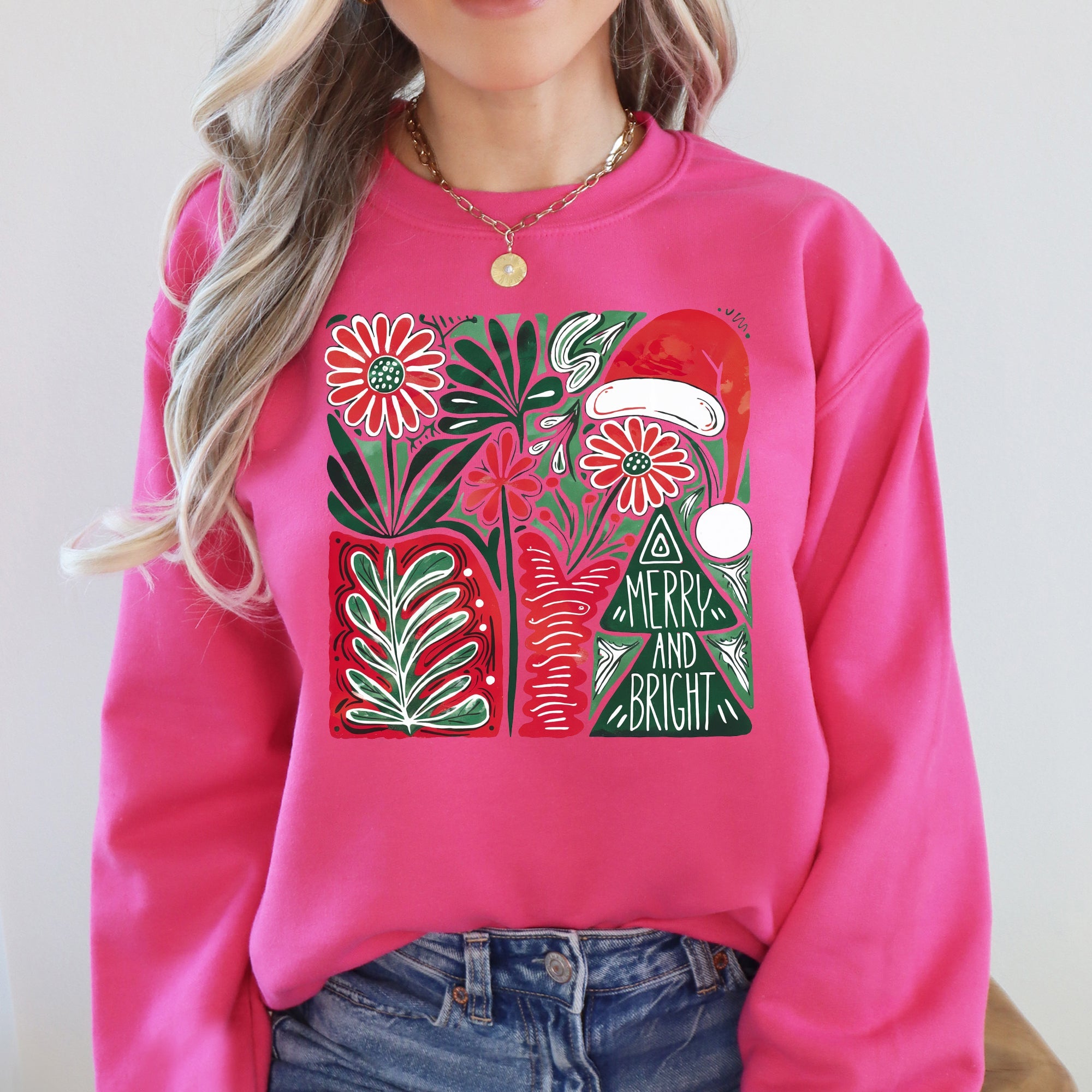 Merry and Bright Pattern Blocks Christmas Santa Hat Tree Ribbon Bow Vintage Retro Holiday Cheer Sweatshirt