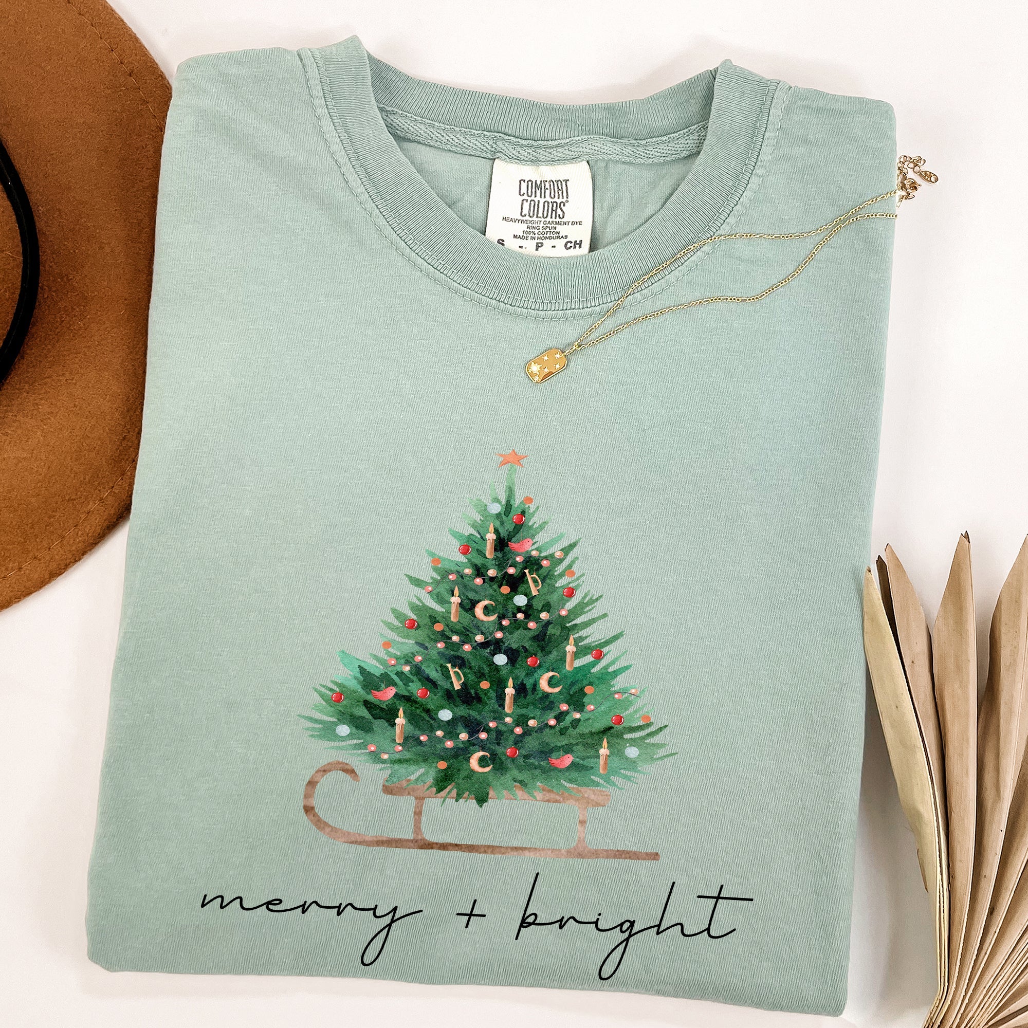 Merry And Bright Sleigh And Christmas Tree Winter Scene Holiday Edition Comfort Colors Tee