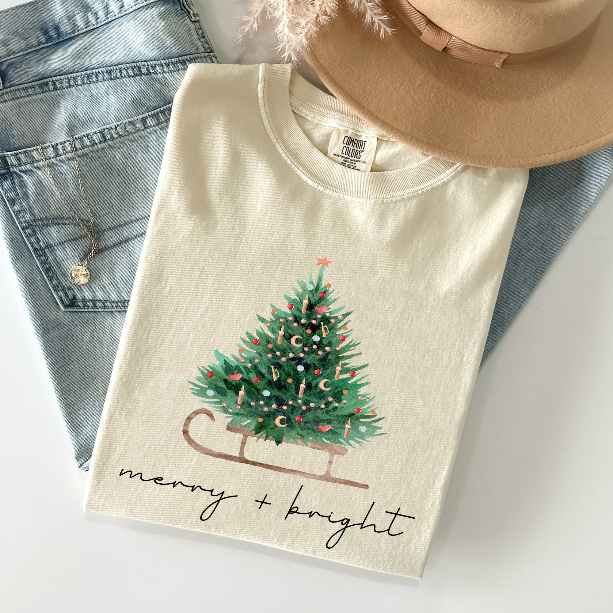 Merry And Bright Sleigh And Christmas Tree Winter Scene Holiday Edition Comfort Colors Tee