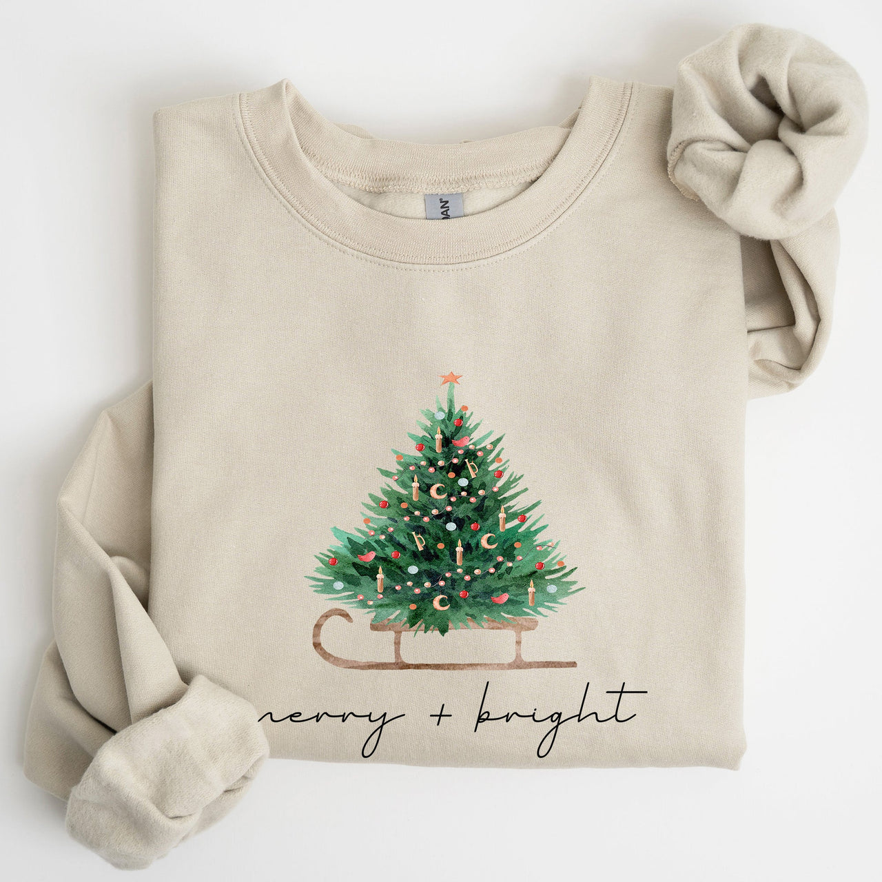 Merry And Bright Holiday Sleigh And Christmas Tree Winter Snow Xmas Scene Sweatshirt