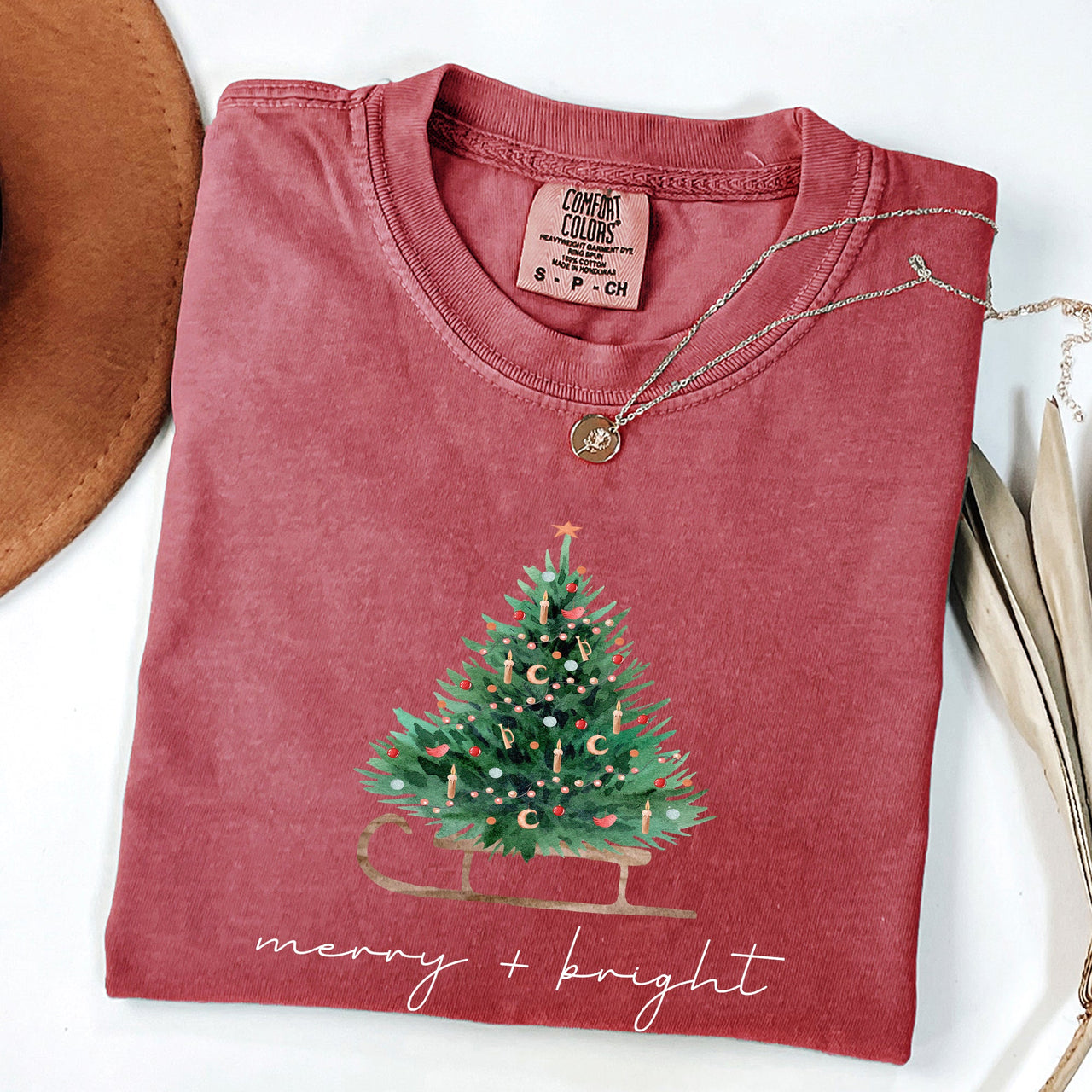 Merry And Bright Sleigh And Christmas Tree Winter Scene Holiday Edition Comfort Colors Tee