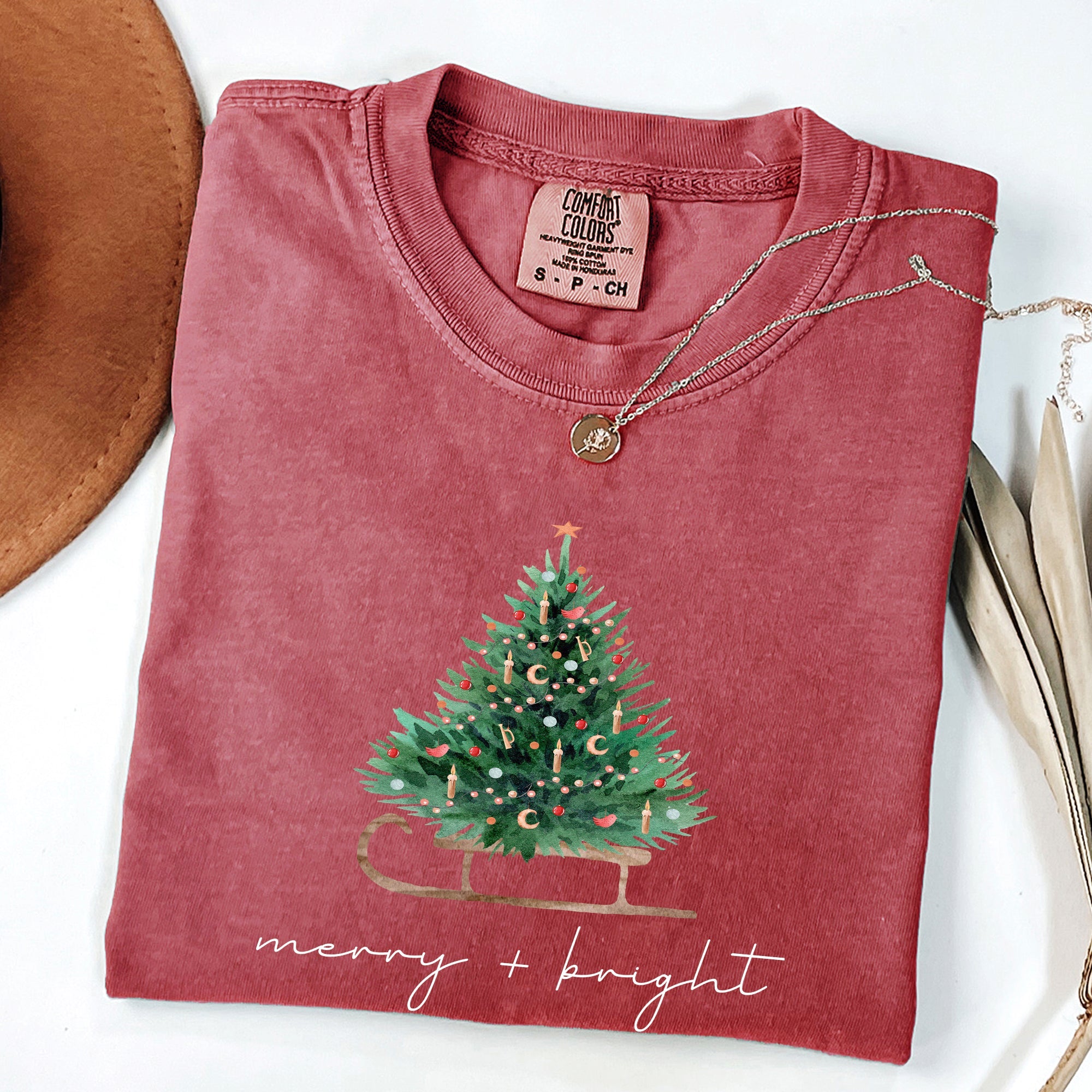 Merry And Bright Sleigh And Christmas Tree Winter Scene Holiday Edition Comfort Colors Tee