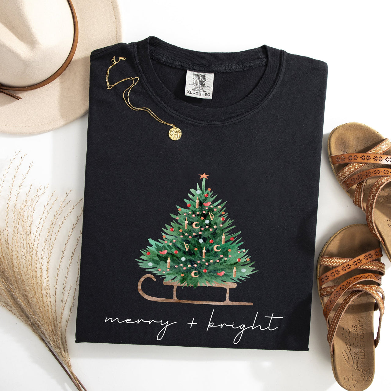 Merry And Bright Sleigh And Christmas Tree Winter Scene Holiday Edition Comfort Colors Tee
