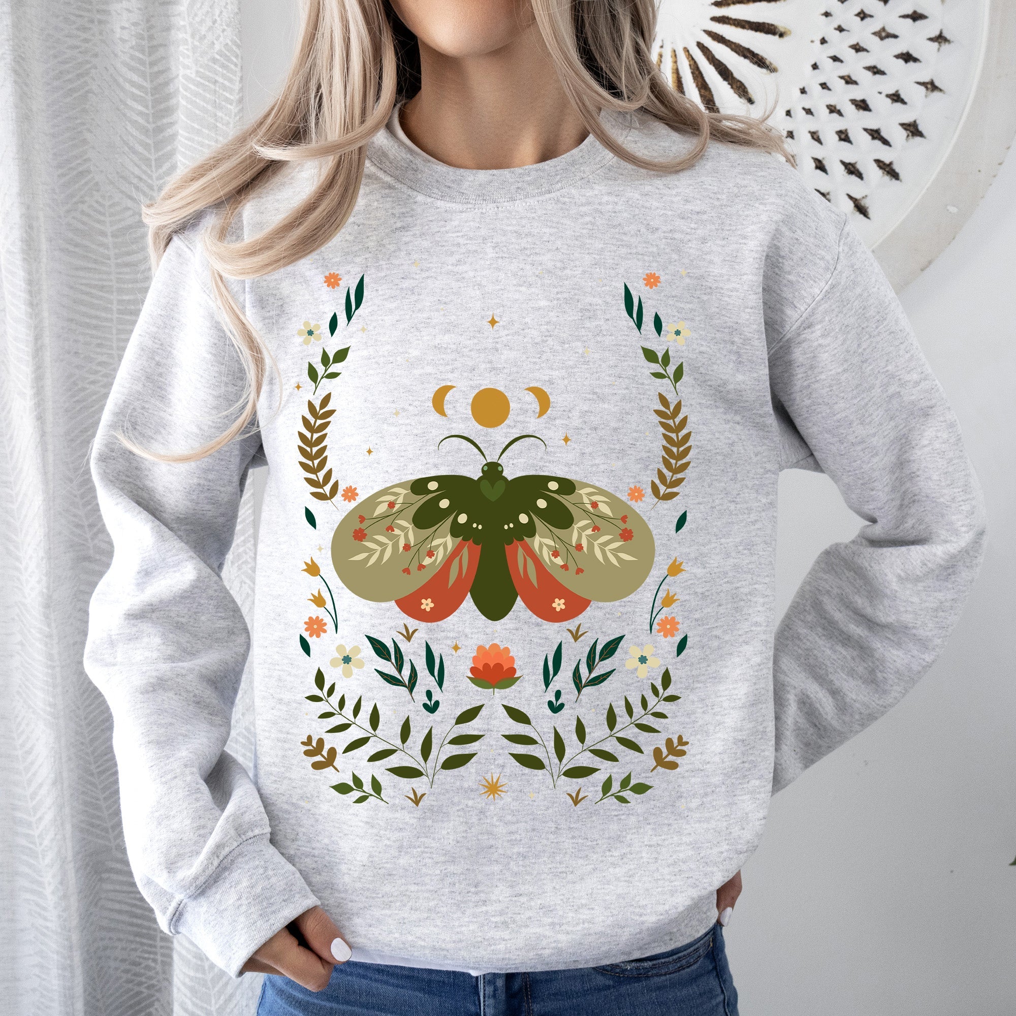Midnight Garden Dance Moth Moon Floral Print Night Garden Dreamy Nature Art Sweatshirt
