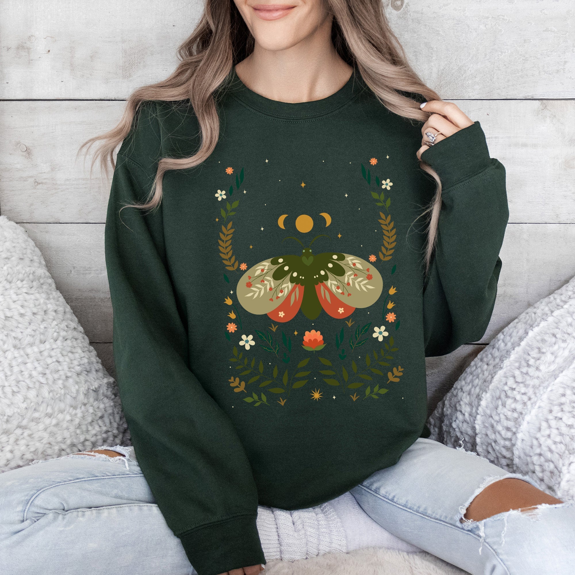 Midnight Garden Dance Moth Moon Floral Print Night Garden Dreamy Nature Art Sweatshirt