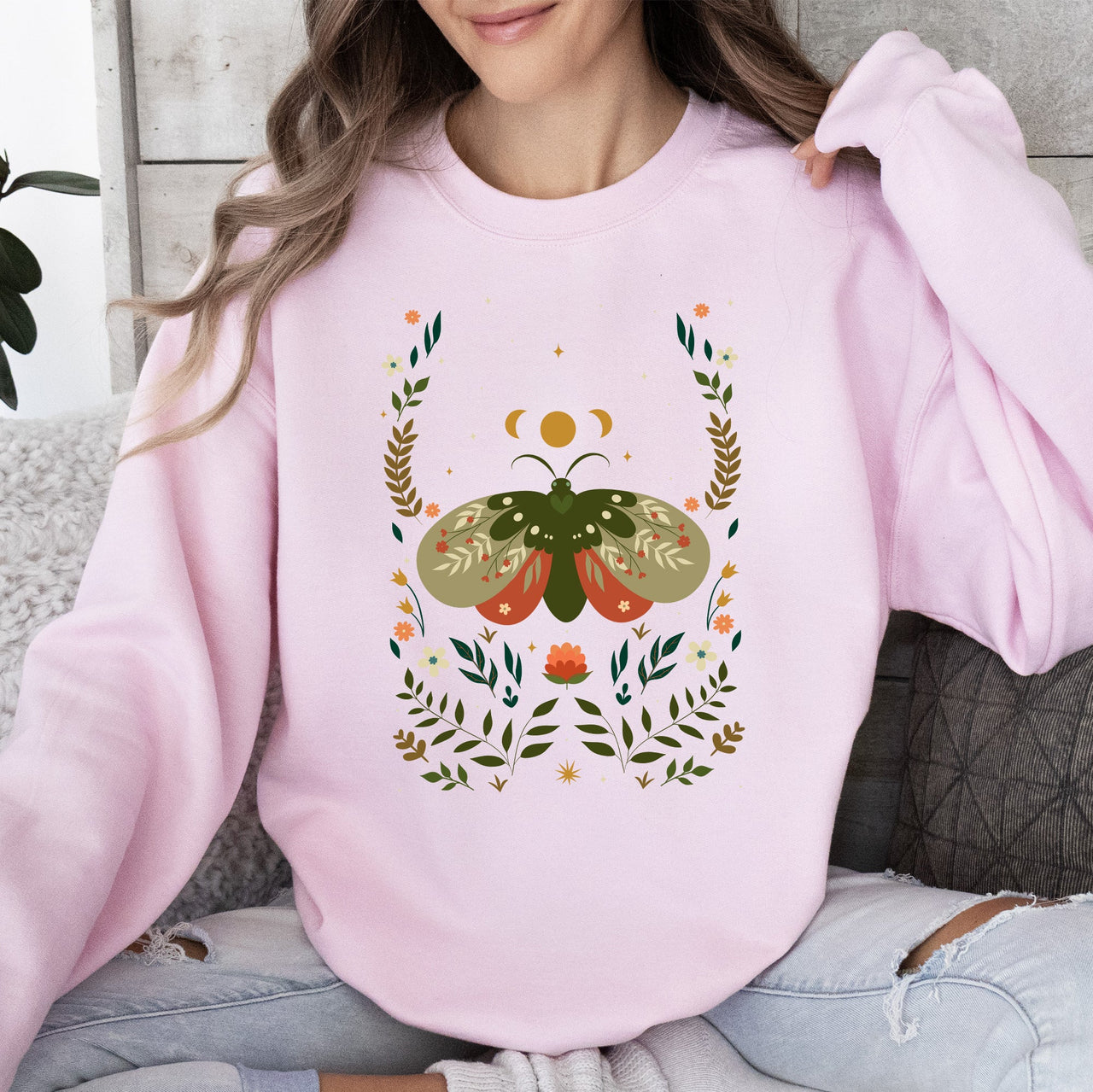 Midnight Garden Dance Moth Moon Floral Print Night Garden Dreamy Nature Art Sweatshirt