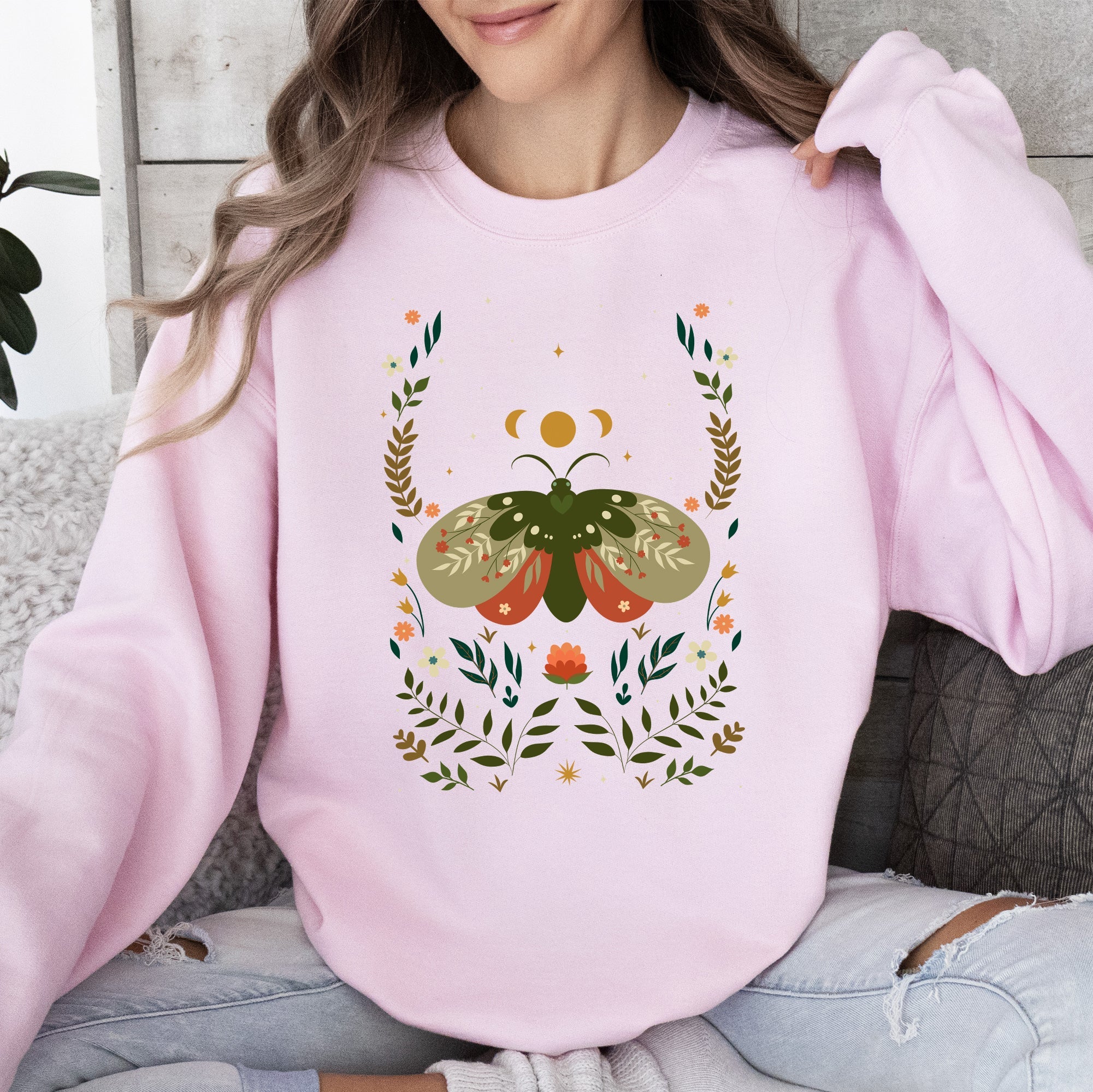 Midnight Garden Dance Moth Moon Floral Print Night Garden Dreamy Nature Art Sweatshirt