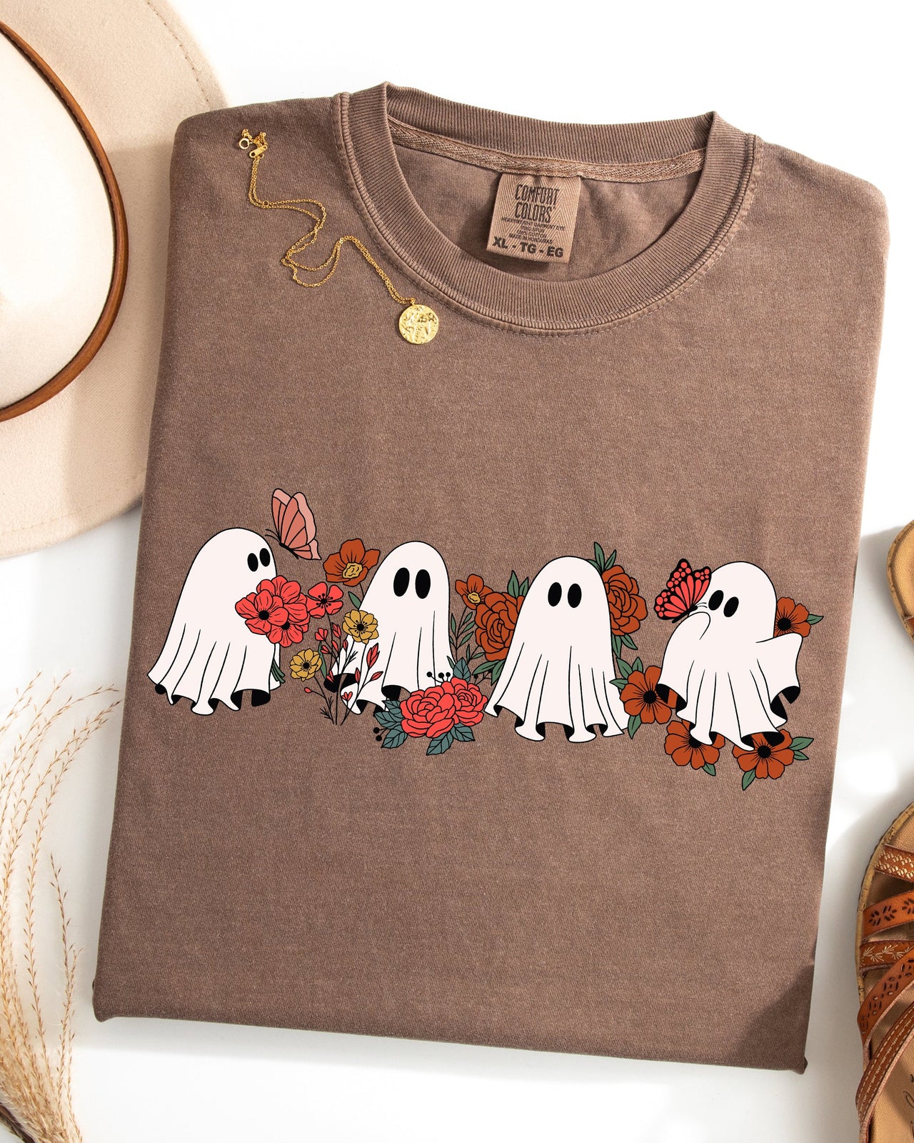 Mini Halloween Ghosts Floral Garden Print With Autumn Flowers And Spooky Cozy Vibes Comfort Colors Tee