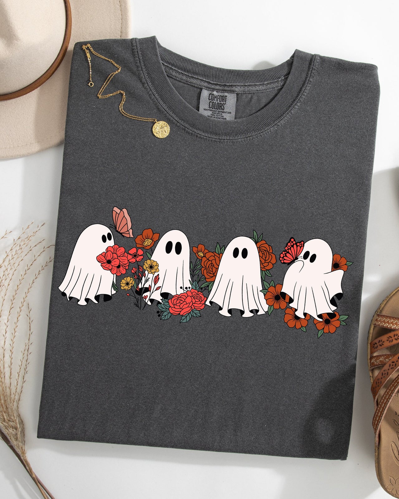 Mini Halloween Ghosts Floral Garden Print With Autumn Flowers And Spooky Cozy Vibes Comfort Colors Tee