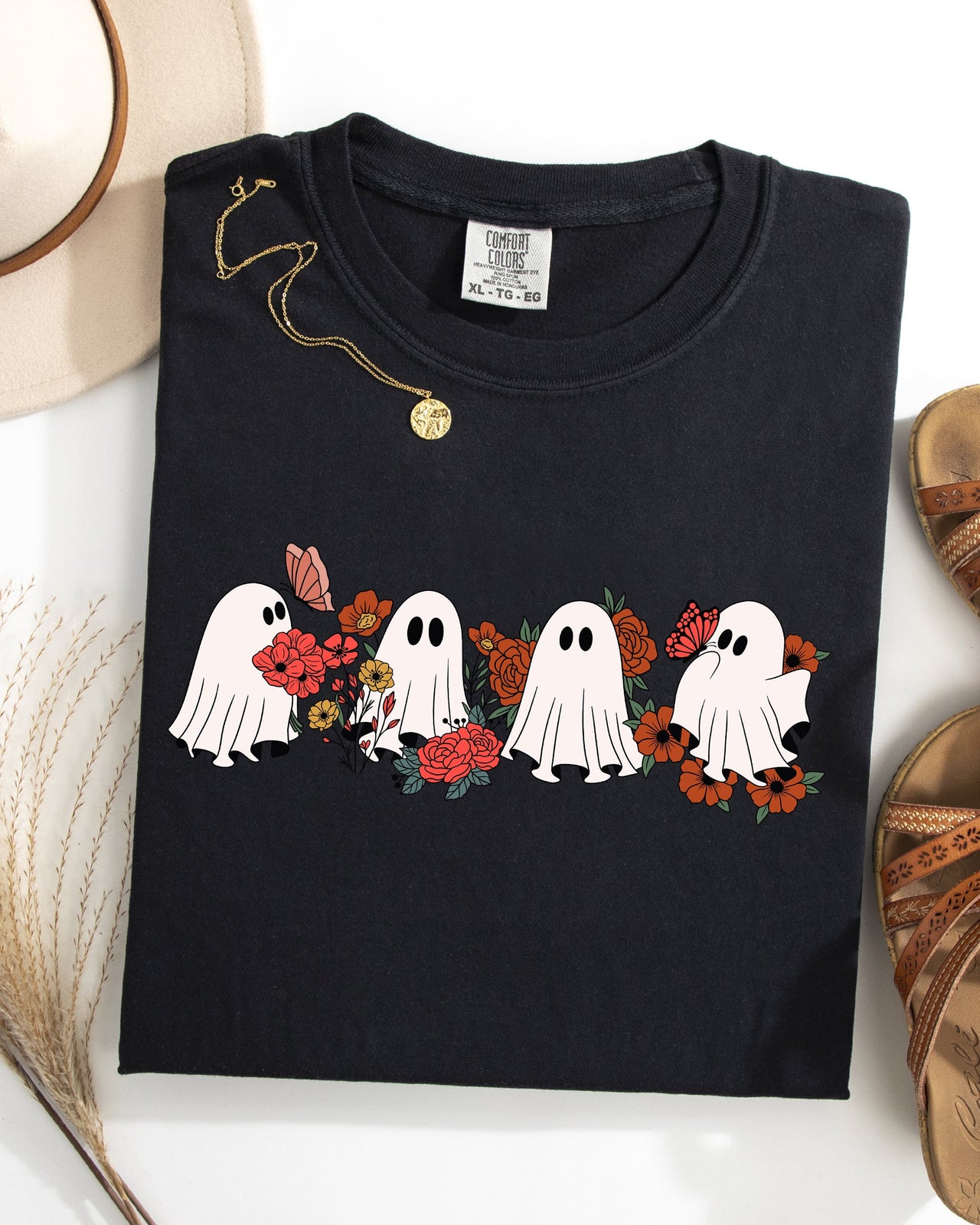 Mini Halloween Ghosts Floral Garden Print With Autumn Flowers And Spooky Cozy Vibes Comfort Colors Tee