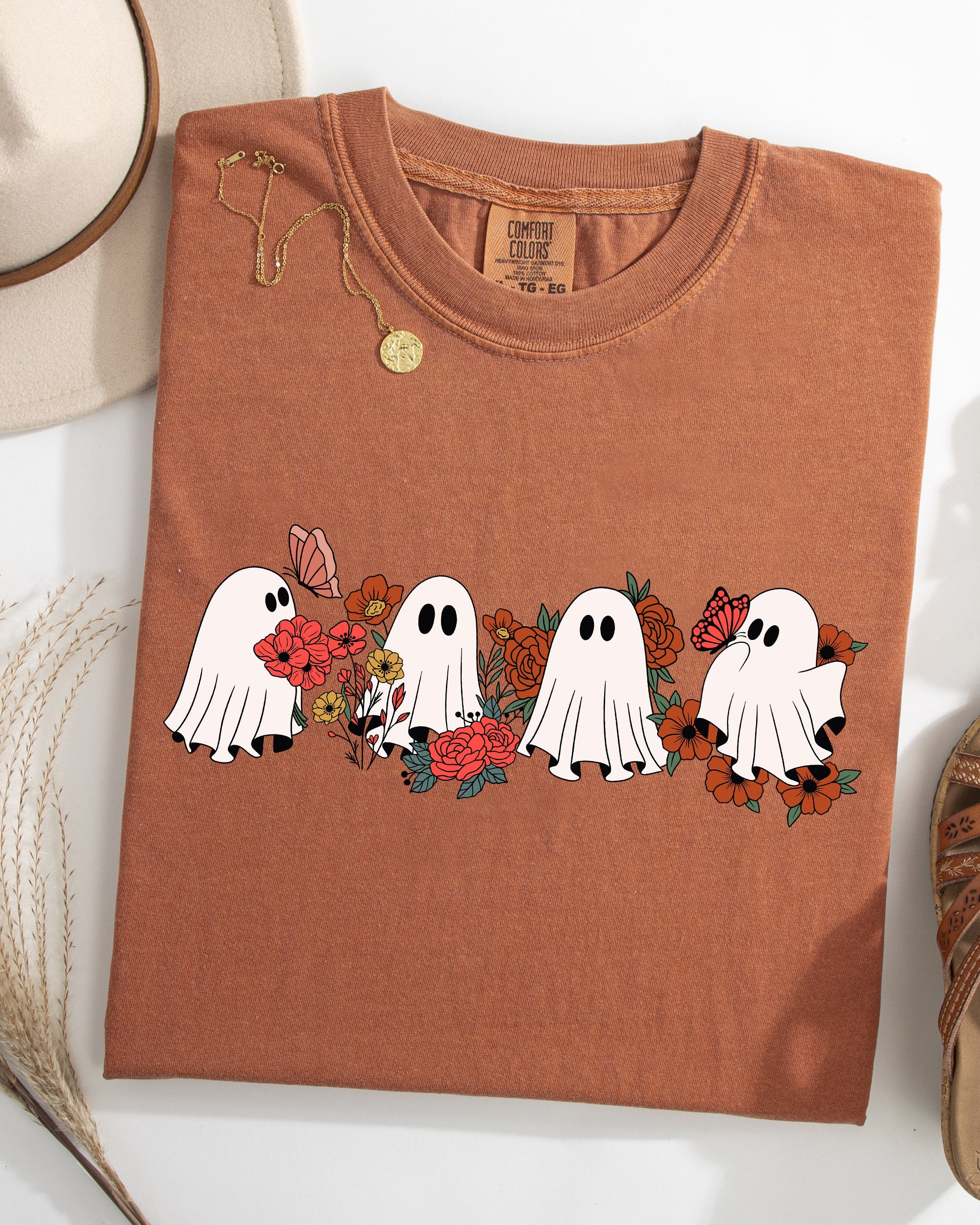 Mini Halloween Ghosts Floral Garden Print With Autumn Flowers And Spooky Cozy Vibes Comfort Colors Tee