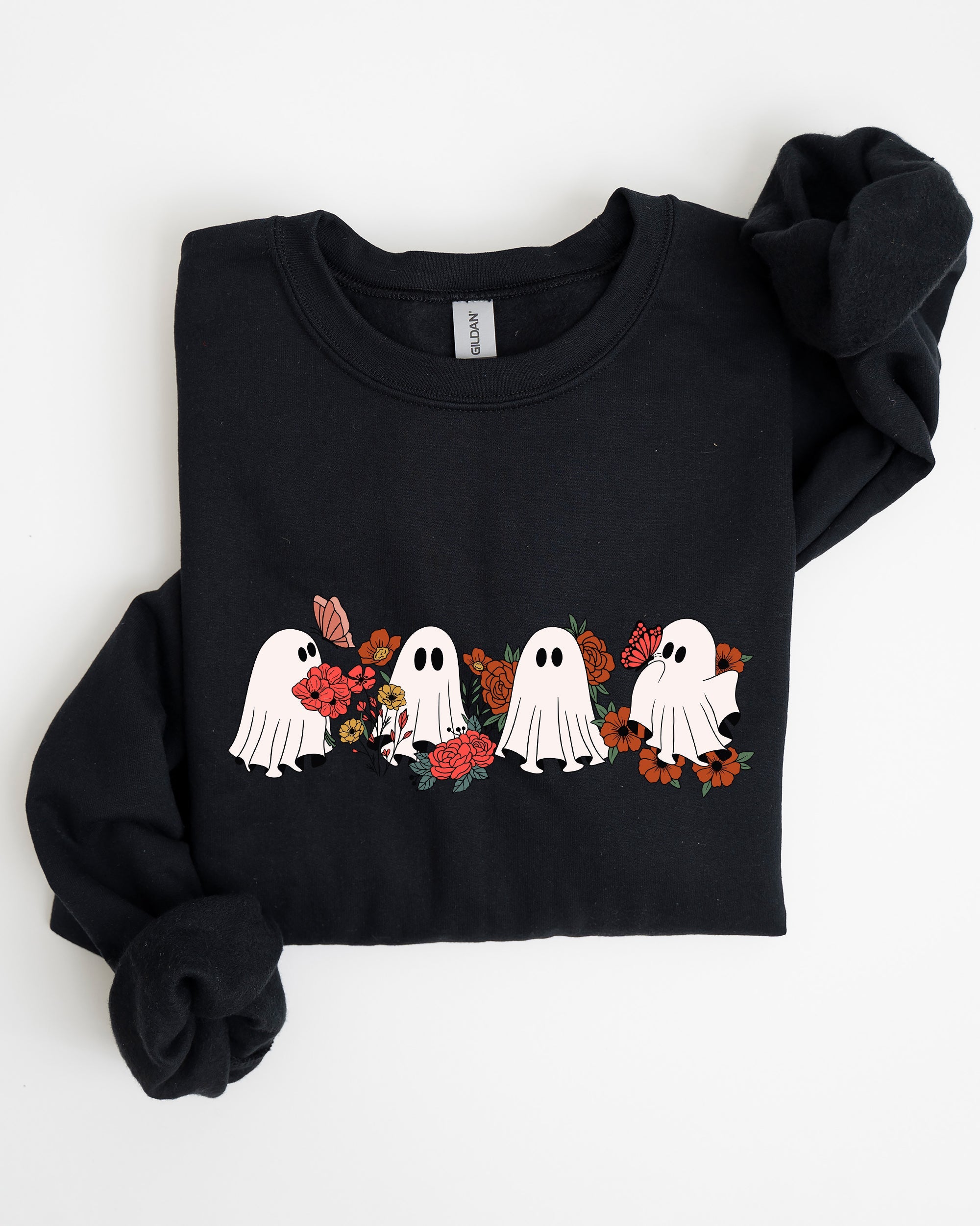 Mini Halloween Ghosts Cute Floral Garden Autumnal Patchwork Cozy Seasonal Print With Flowers And Ghosts Sweatshirt