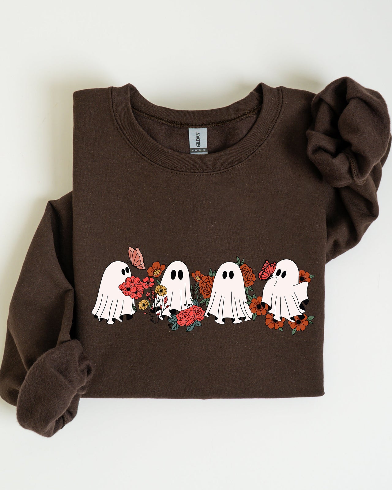 Mini Halloween Ghosts Cute Floral Garden Autumnal Patchwork Cozy Seasonal Print With Flowers And Ghosts Sweatshirt