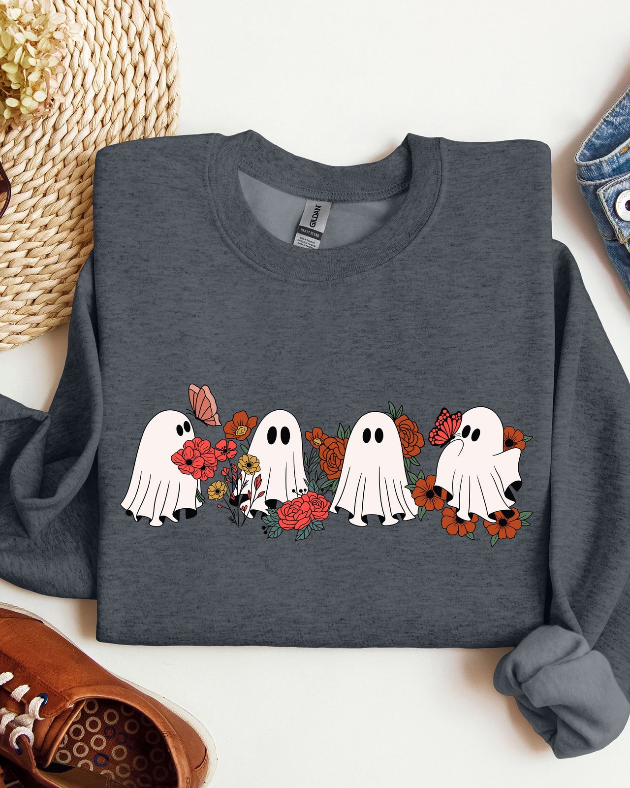 Mini Halloween Ghosts Cute Floral Garden Autumnal Patchwork Cozy Seasonal Print With Flowers And Ghosts Sweatshirt