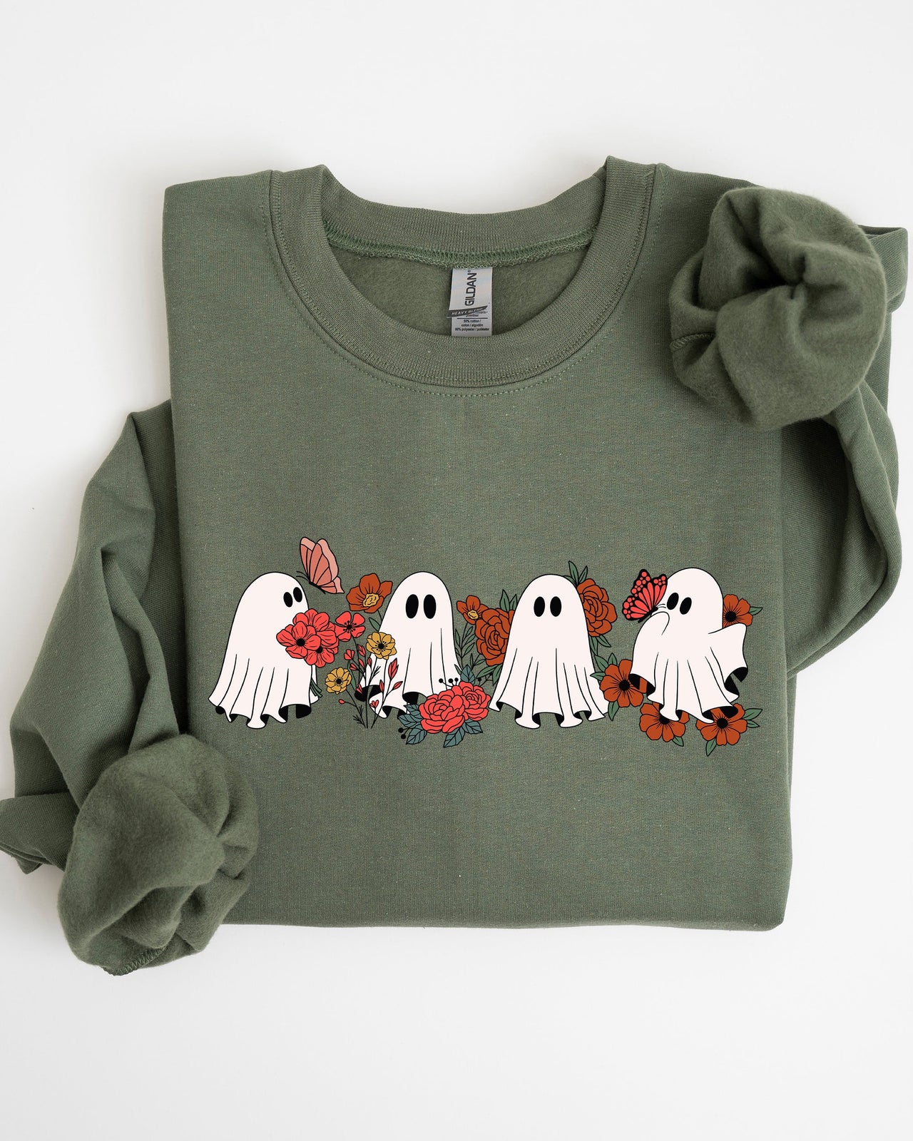 Mini Halloween Ghosts Cute Floral Garden Autumnal Patchwork Cozy Seasonal Print With Flowers And Ghosts Sweatshirt