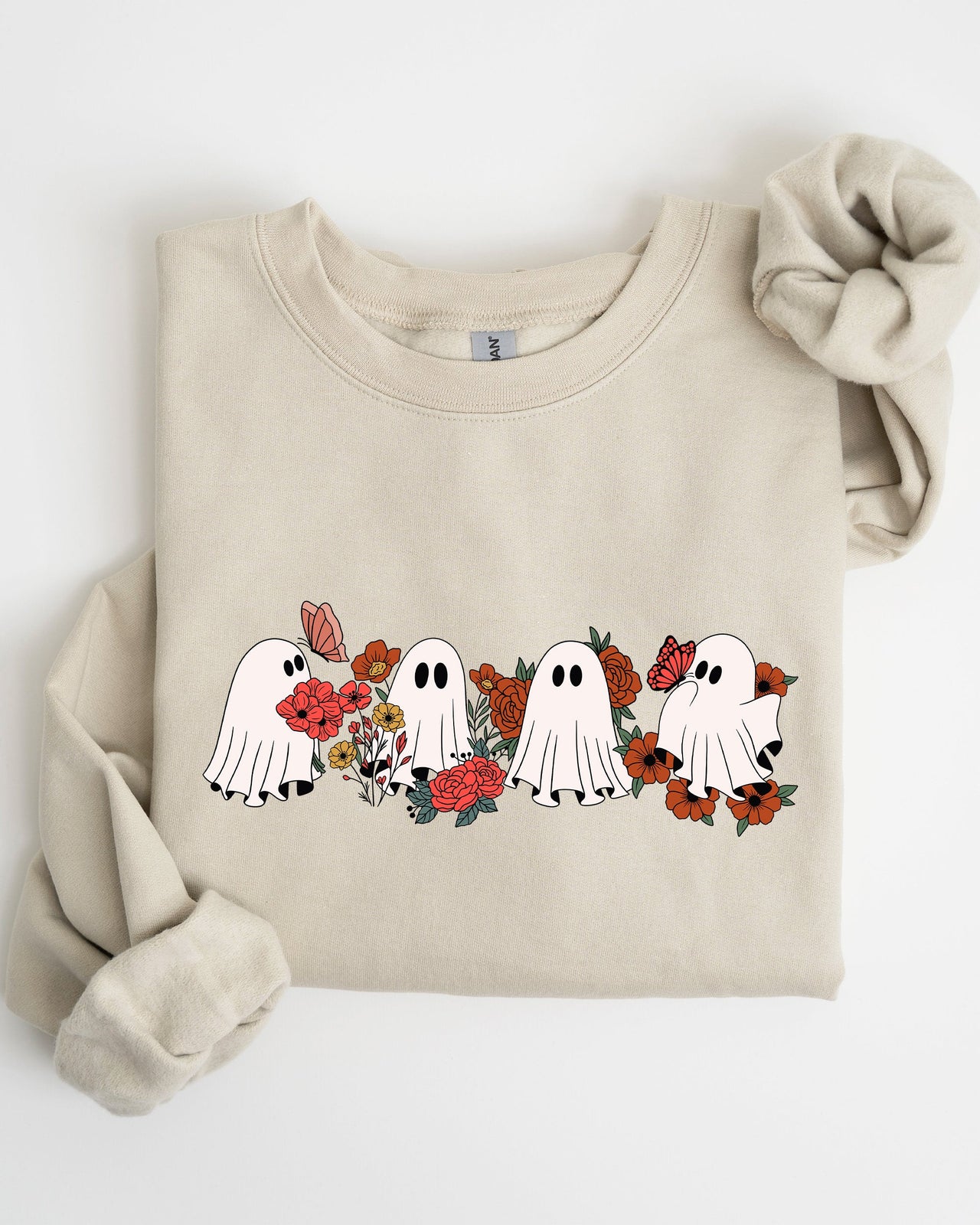 Mini Halloween Ghosts Cute Floral Garden Autumnal Patchwork Cozy Seasonal Print With Flowers And Ghosts Sweatshirt