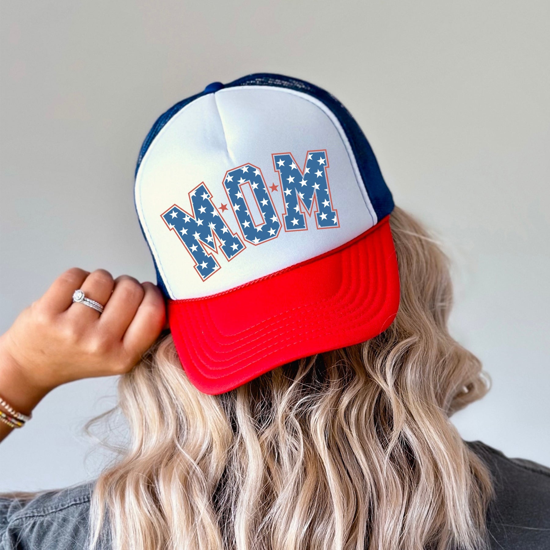 Mom, Stars, Patriotic Snapback Trucker Hat With Embroidered American Flag Patch.