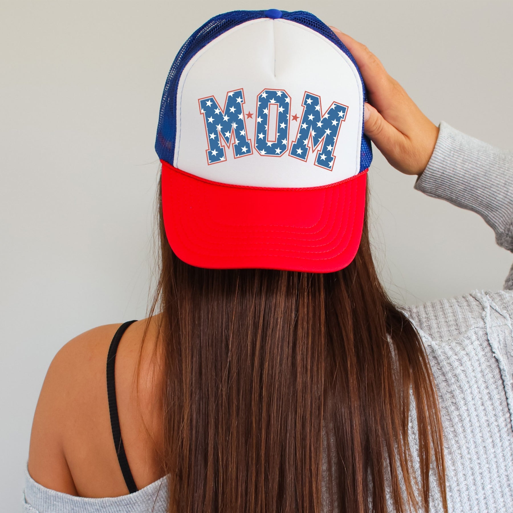 Mom, Stars, Patriotic Snapback Trucker Hat With Embroidered American Flag Patch.