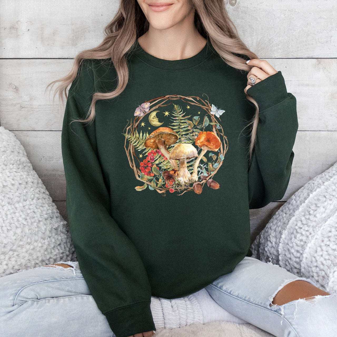 Moon, Moth And Mushrooms, Nature, Forest, Cottage Woodland Nightscape Sweatshirt