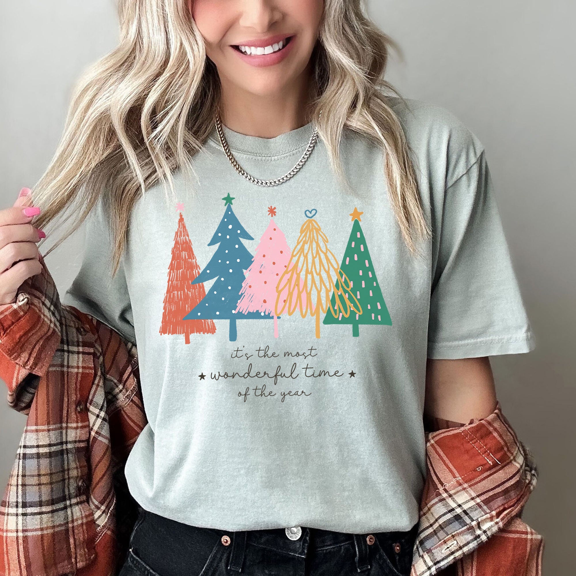 Most Wonderful Time Retro Christmas Trees Colorful Holiday Design Comfort Colors Tee