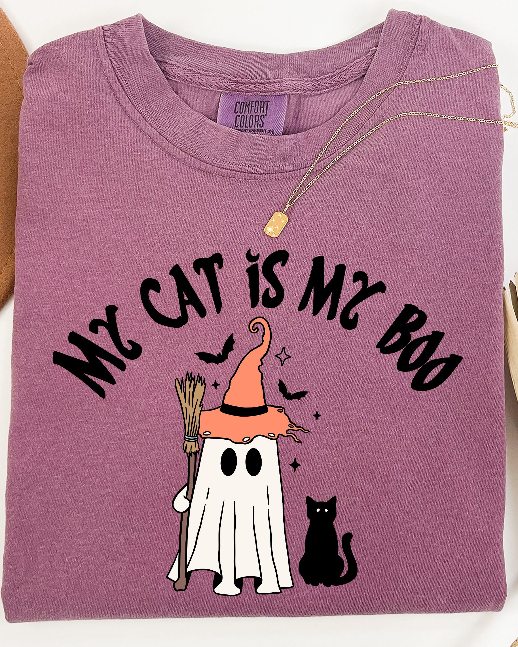 My Cat Is My Boo Halloween Ghost Witch Trick Or Treat Bats Apparel Comfort Colors Tee
