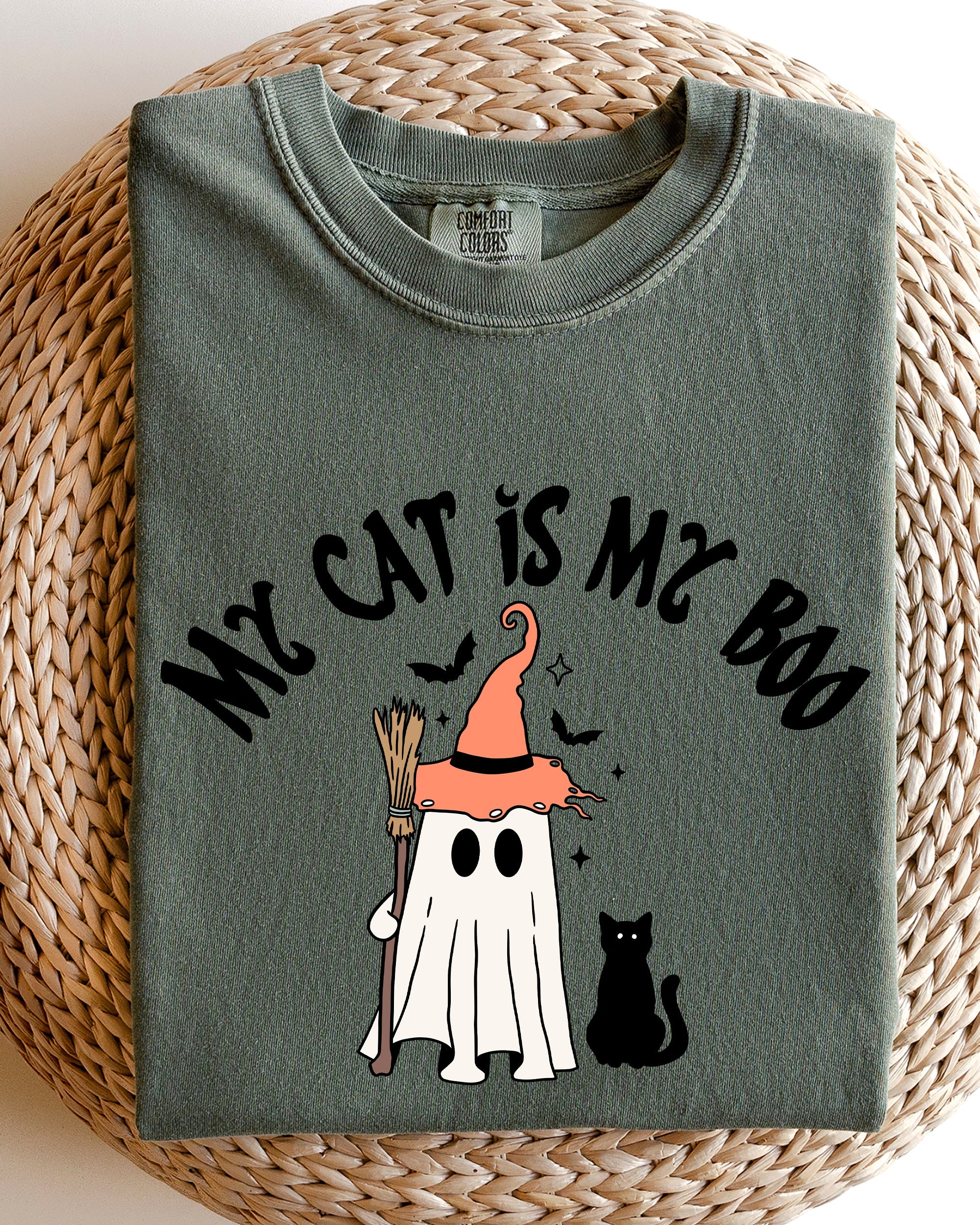 My Cat Is My Boo Halloween Ghost Witch Trick Or Treat Bats Apparel Comfort Colors Tee