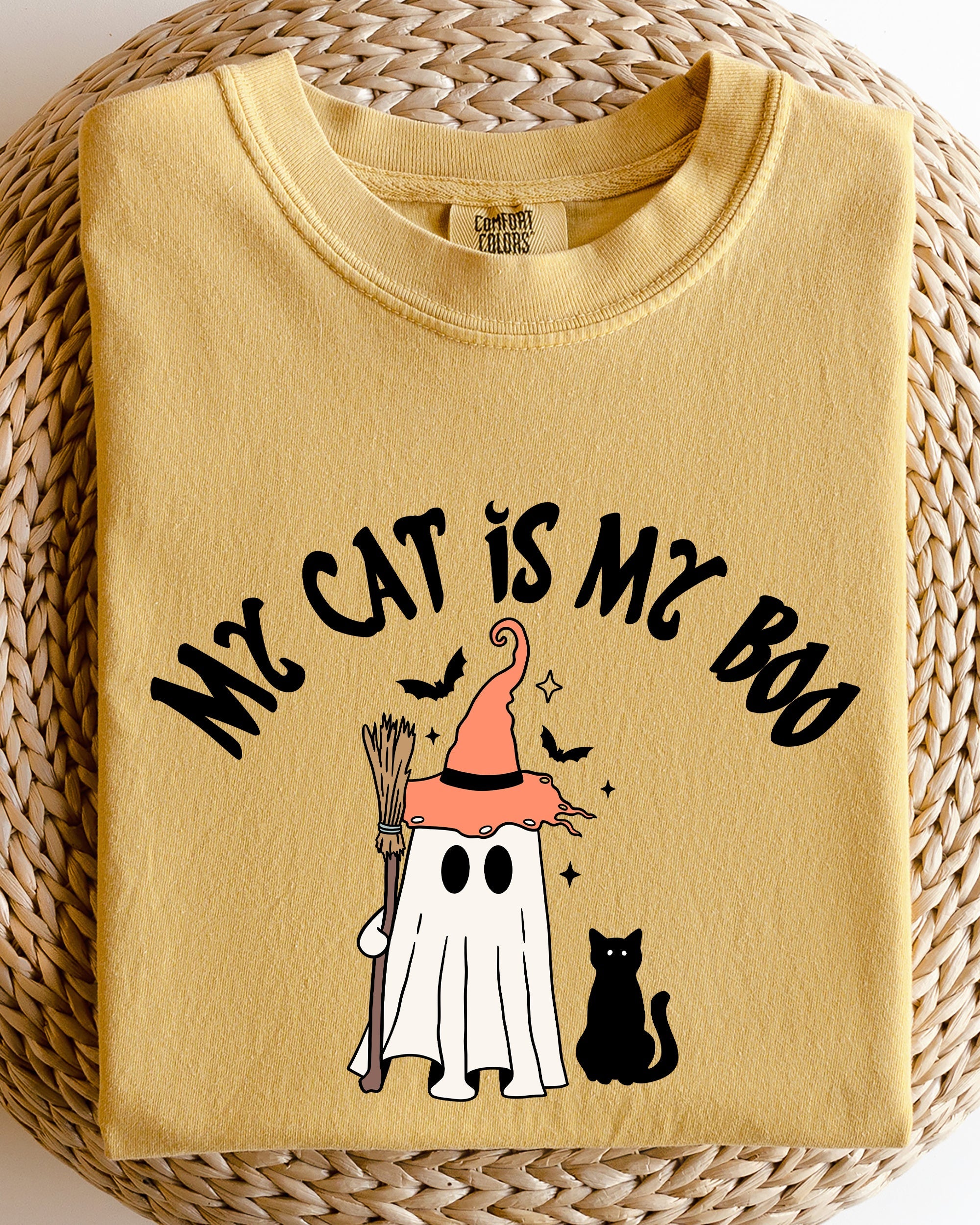 My Cat Is My Boo Halloween Ghost Witch Trick Or Treat Bats Apparel Comfort Colors Tee
