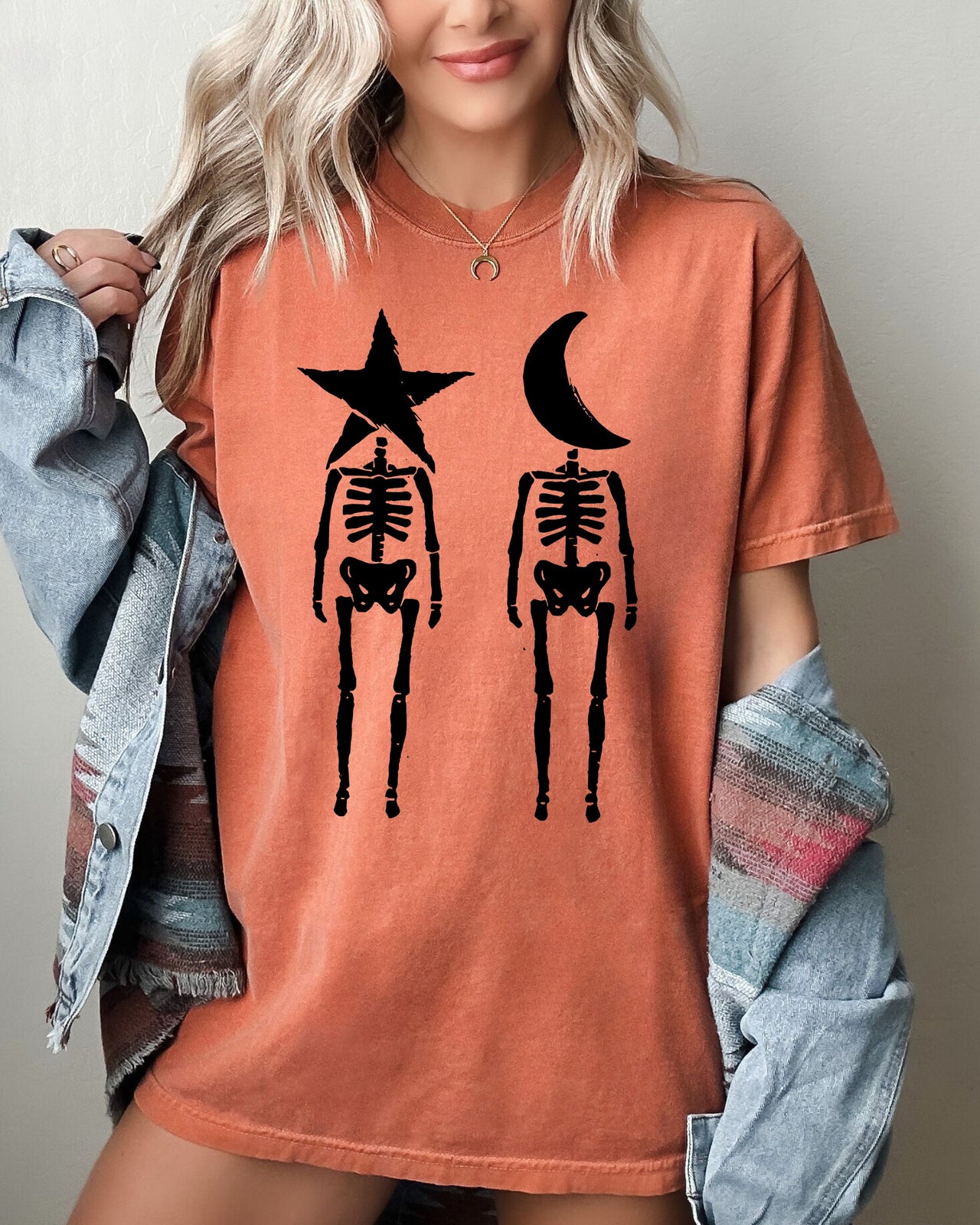 Mystical Couple Stars Moons Skeleton Halloween Spooky Night Sky Comfort Colors Tee