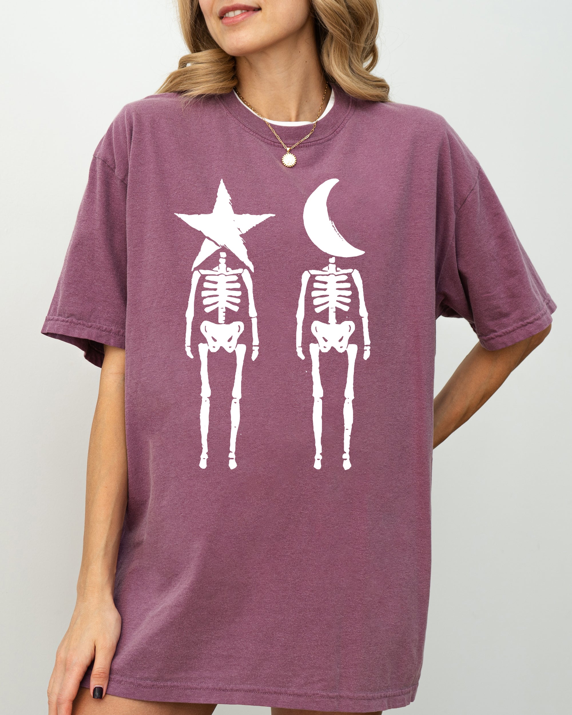 Mystical Couple Stars Moons Skeleton Halloween Spooky Night Sky Comfort Colors Tee