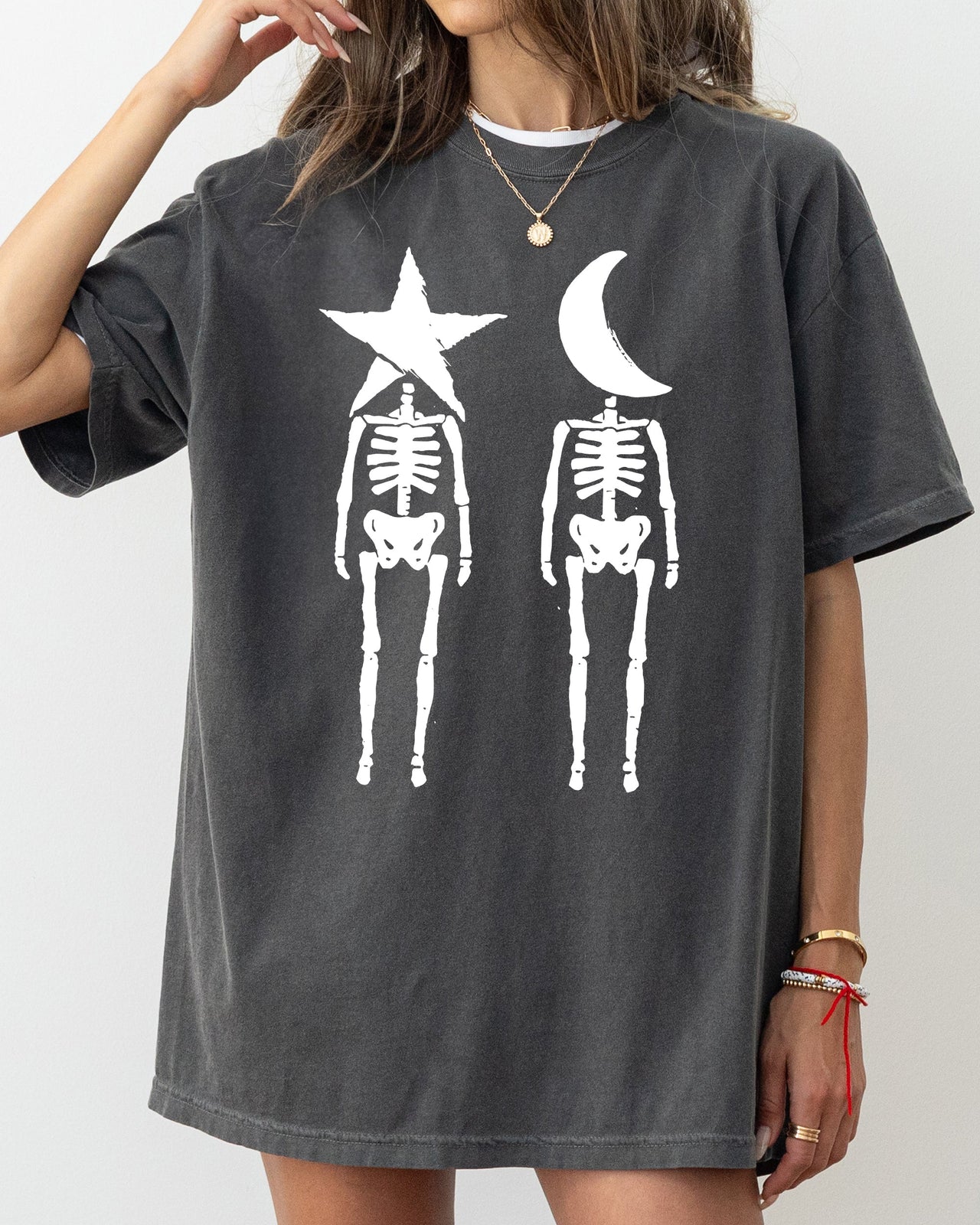 Mystical Couple Stars Moons Skeleton Halloween Spooky Night Sky Comfort Colors Tee