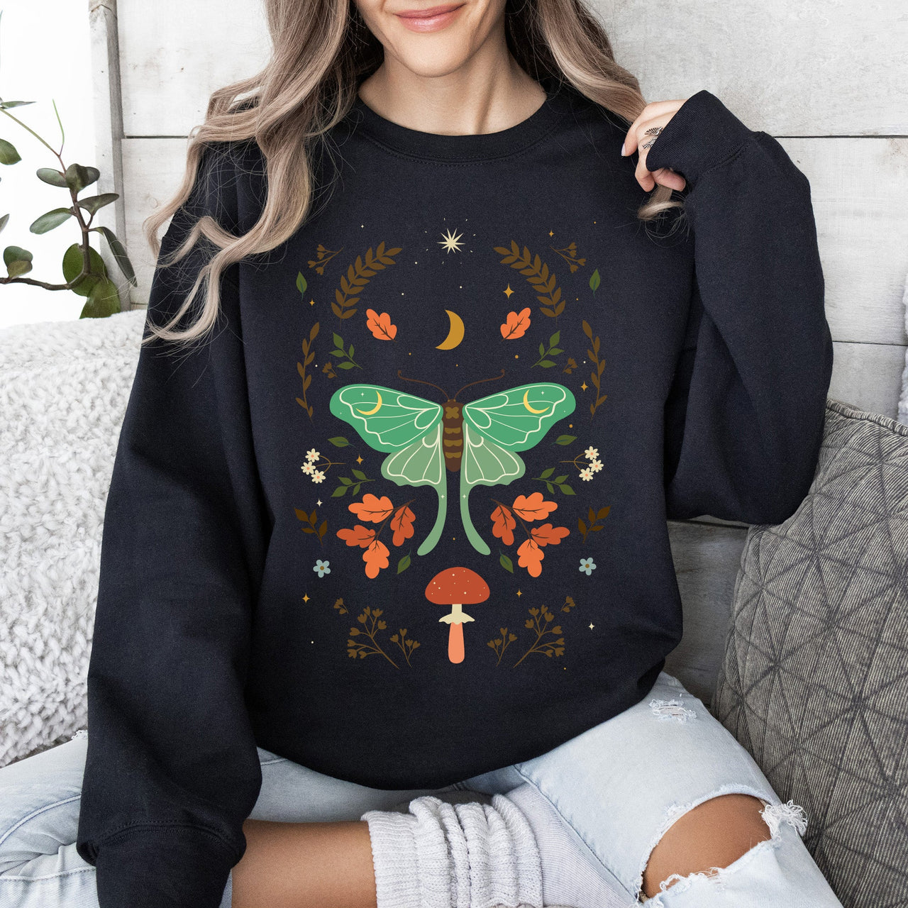 Mystical Moth and Moon, Enchanted Floral Night Sky Celestial Garden Dreamscape Sweatshirt
