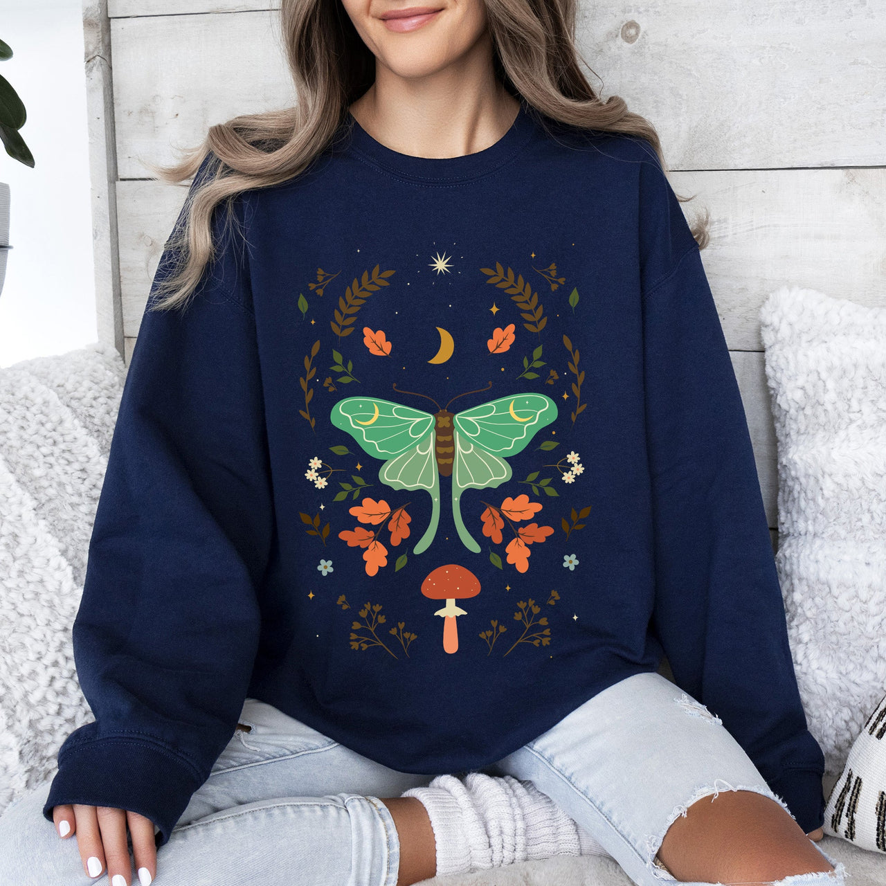 Mystical Moth and Moon, Enchanted Floral Night Sky Celestial Garden Dreamscape Sweatshirt