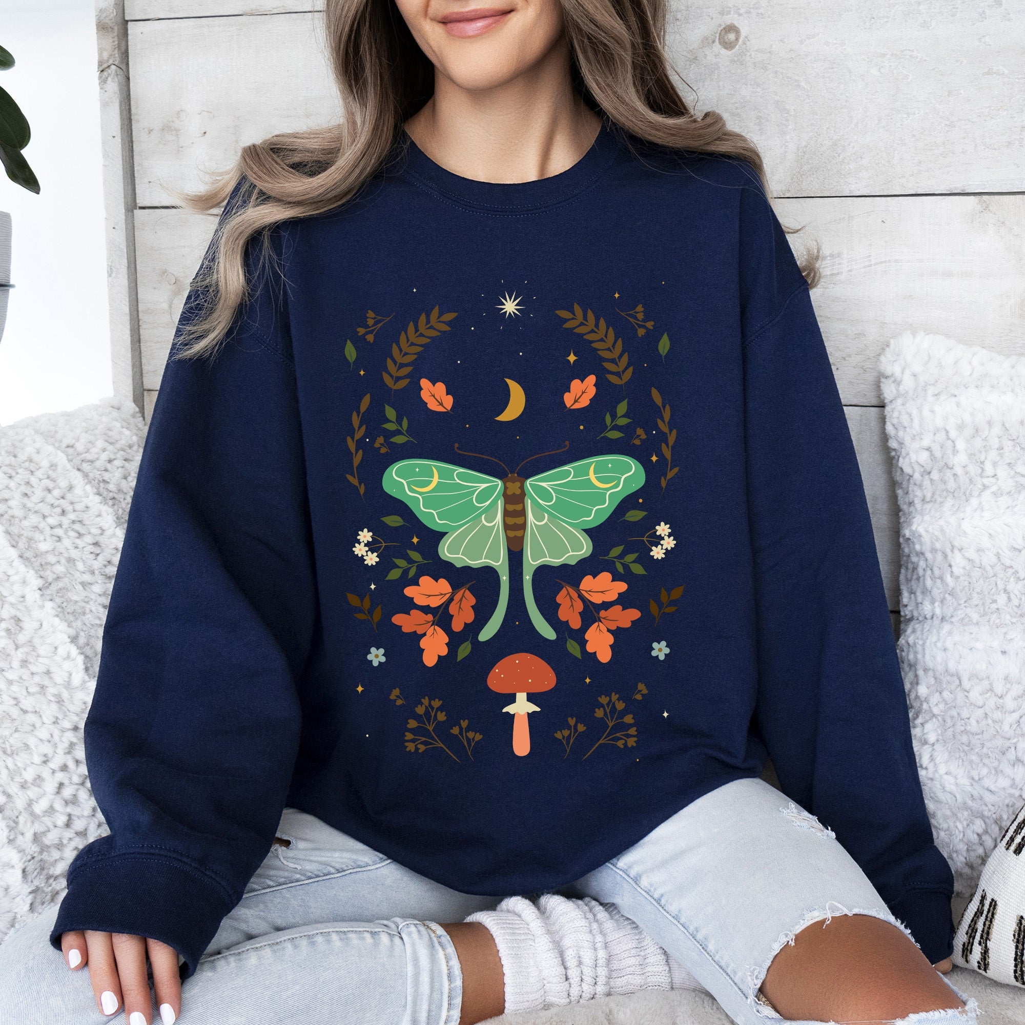 Mystical Moth and Moon, Enchanted Floral Night Sky Celestial Garden Dreamscape Sweatshirt