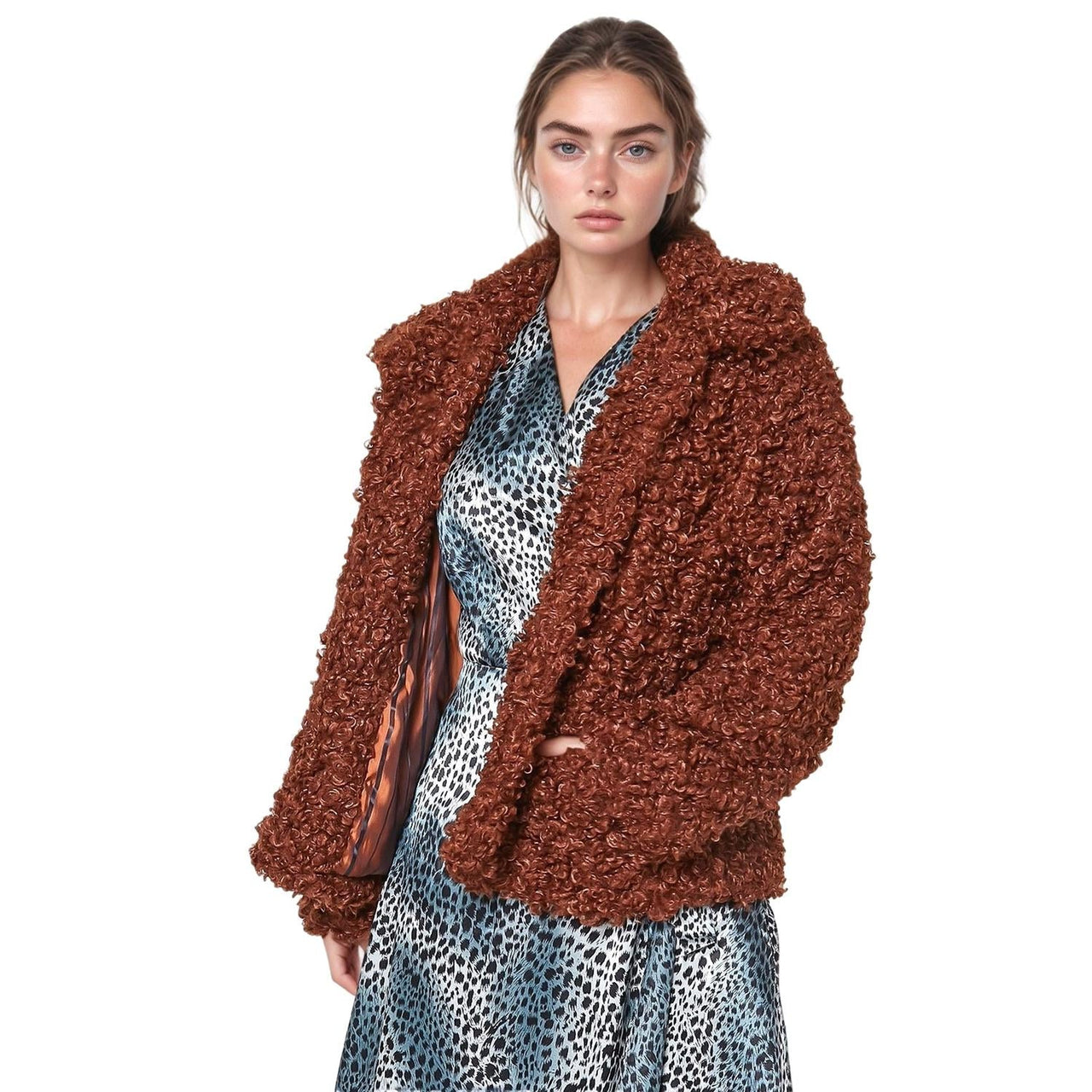 Pleione Womens Curly Faux Fur Teddy Coat