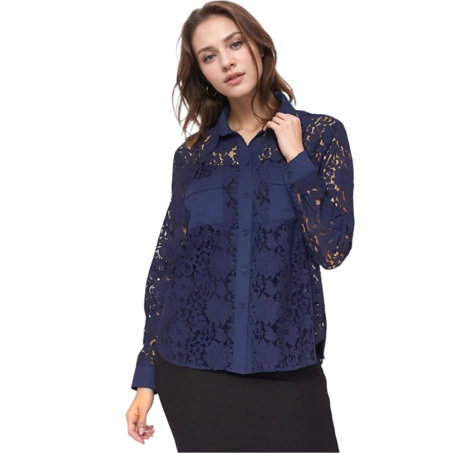 Pleione Women's Button Up Flower Lace Blouse in Navy