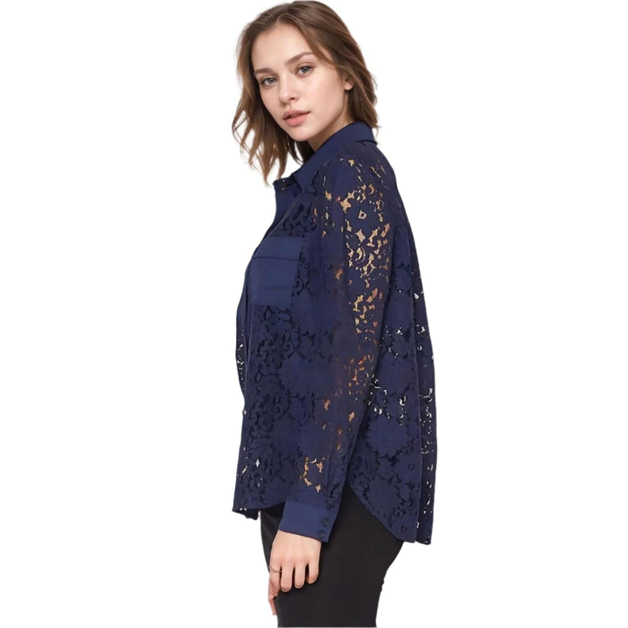 Pleione Women's Button Up Flower Lace Blouse in Navy