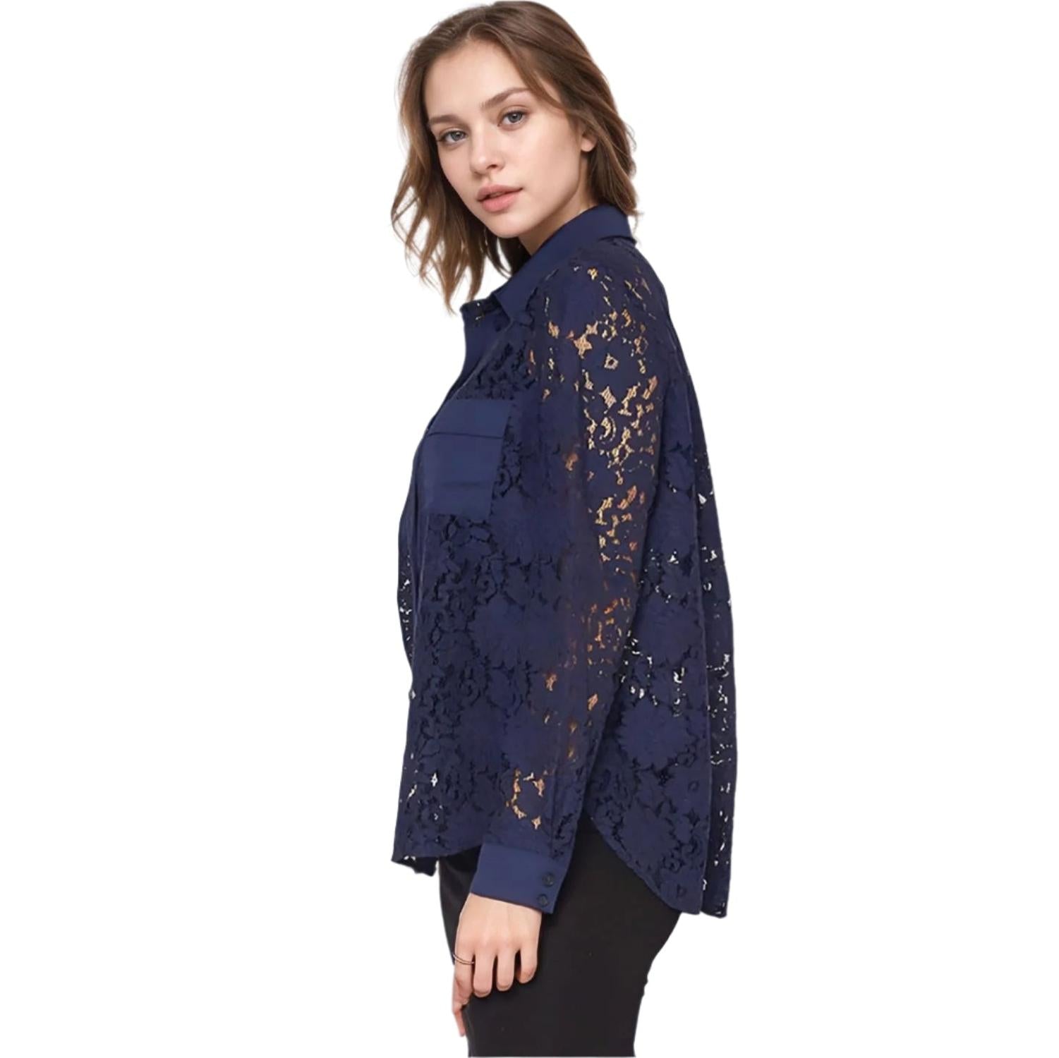 Pleione Women's Button Up Flower Lace Blouse in Navy