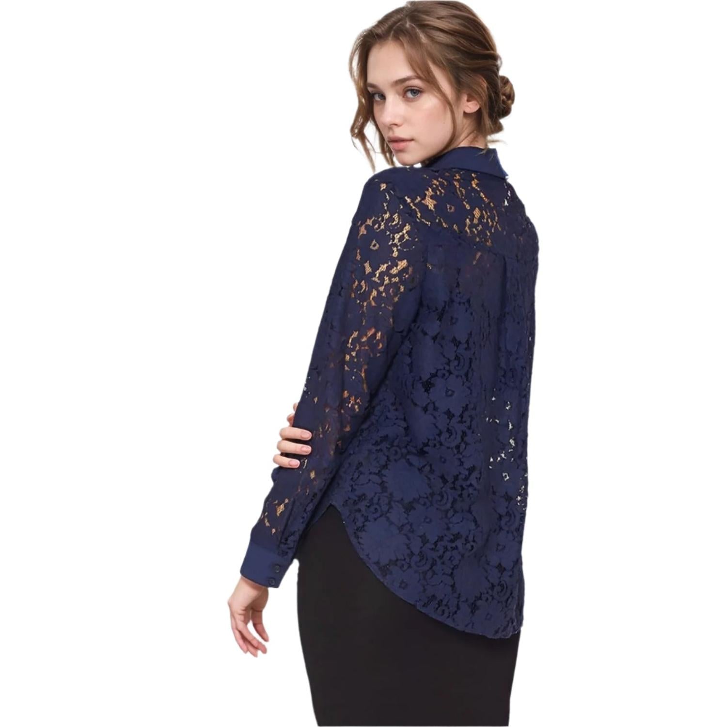 Pleione Women's Button Up Flower Lace Blouse in Navy