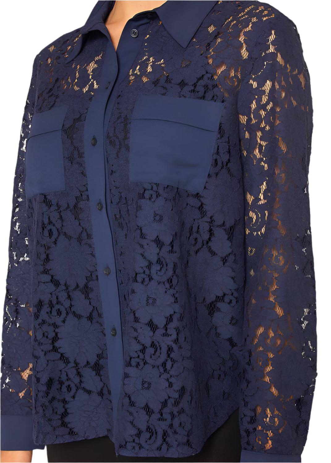 Pleione Women's Button Up Flower Lace Blouse in Navy