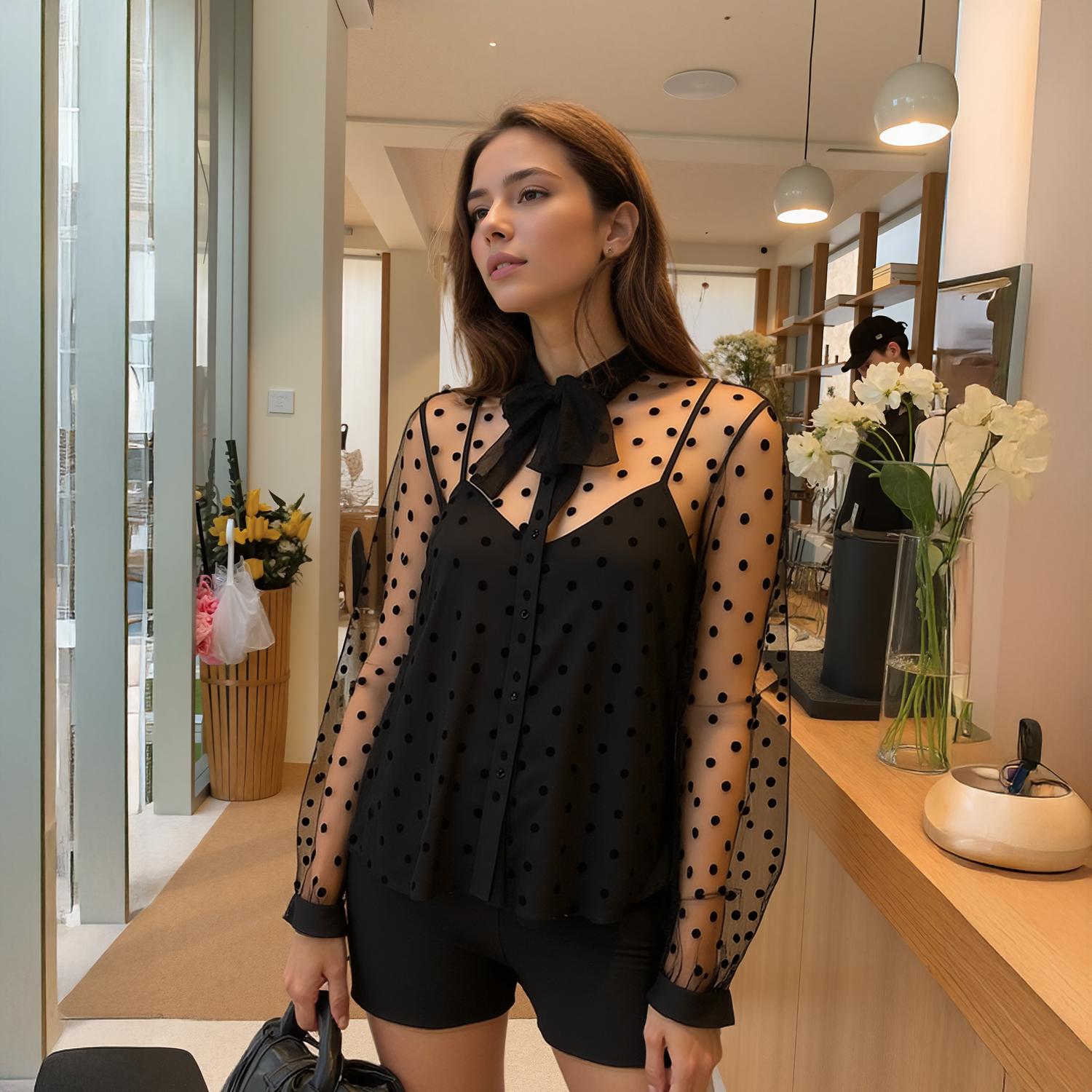 Pleione Women's Polkadot Mesh Blouse With Cami in Black