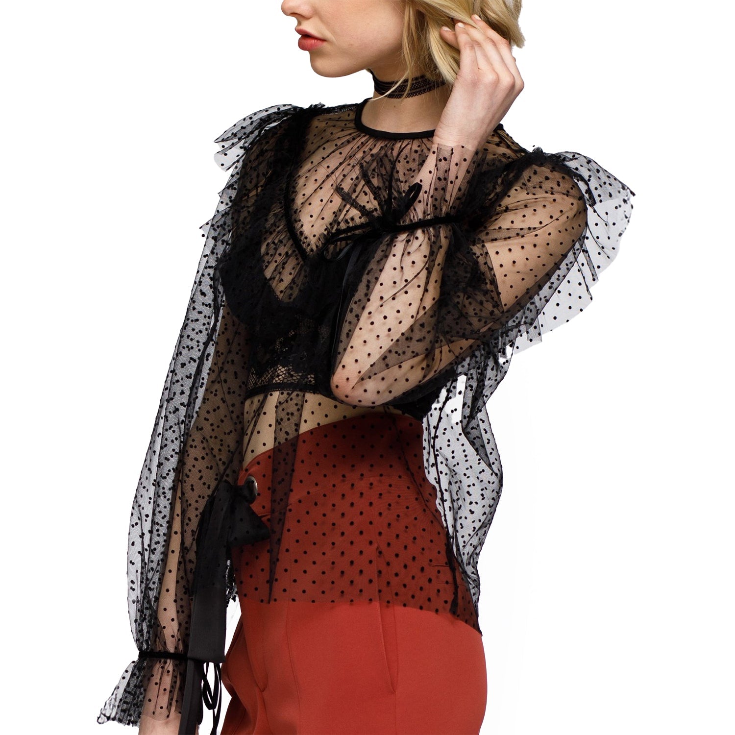 Women's Polka Dot Mesh Ruffle Top In Black