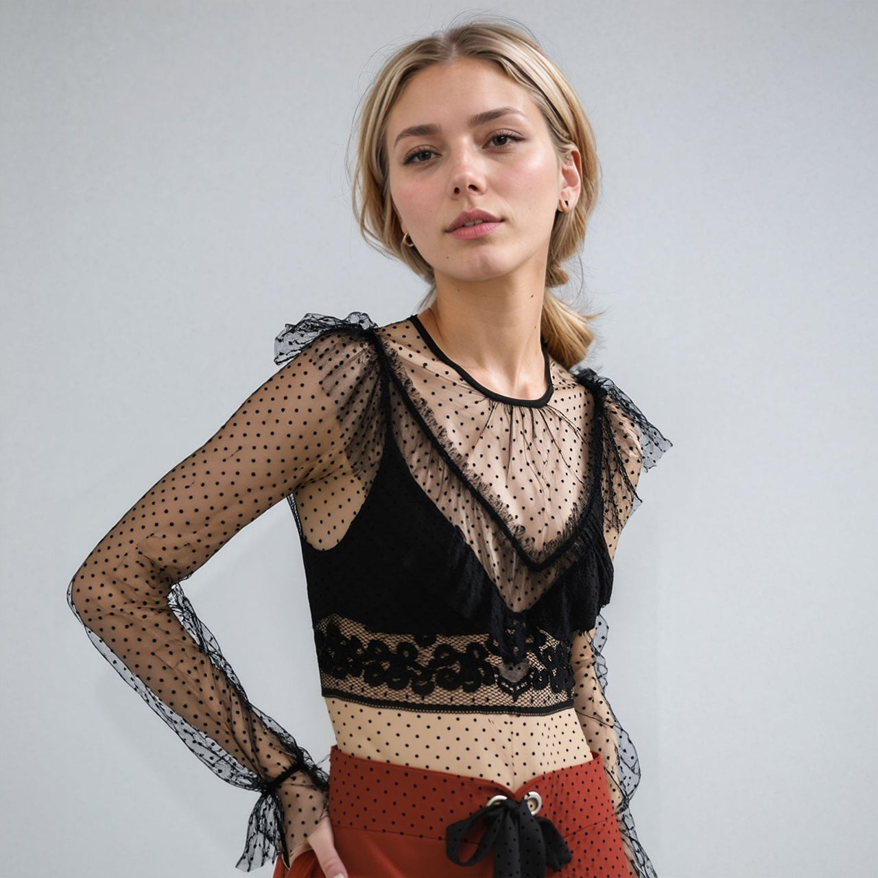 Women's Polka Dot Mesh Ruffle Top In Black