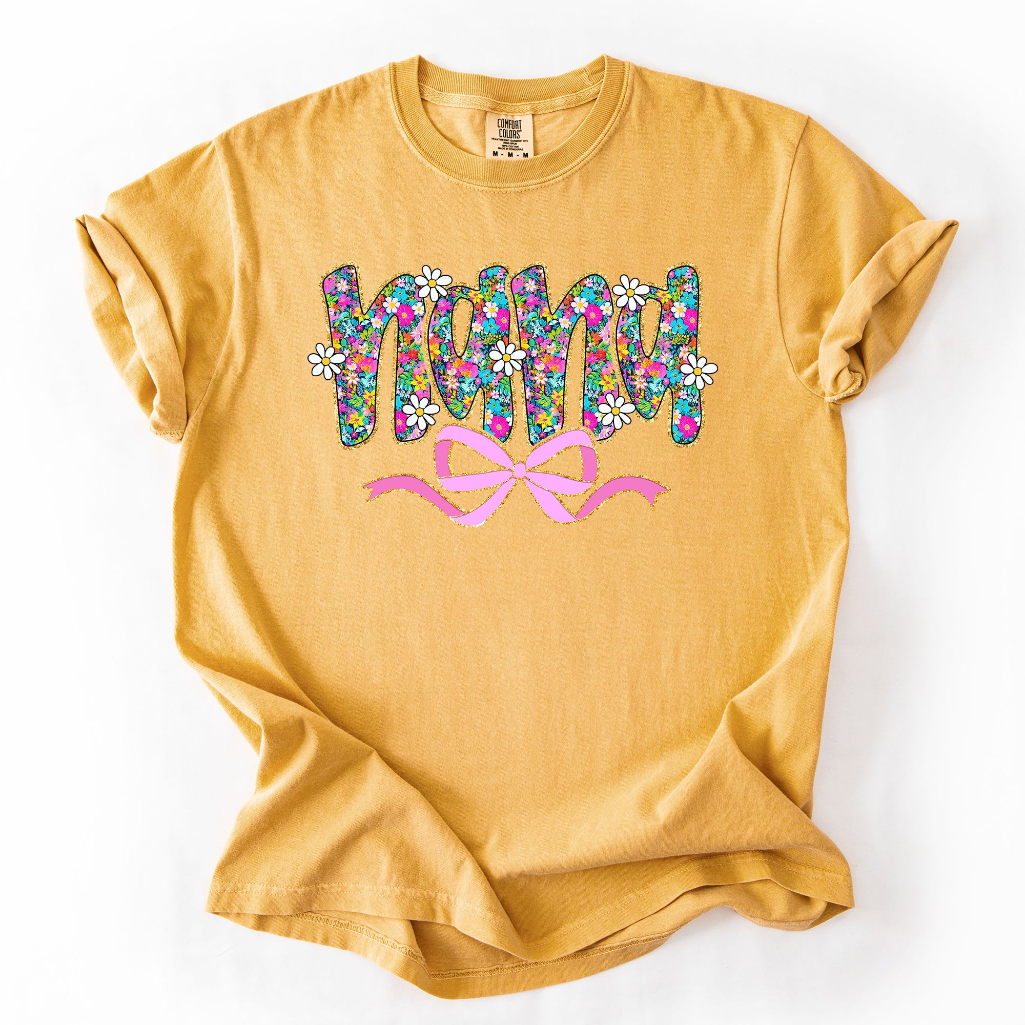 Nana Mother's Day Floral Ribbon Bow Pastel Blooms Garden Cheer Comfort Colors Tee