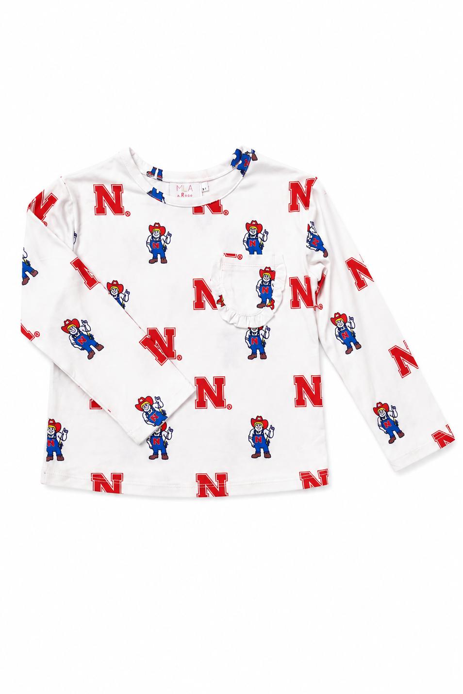 Nebraska White Herbie Husker L/S Ruffle Pocket Tee