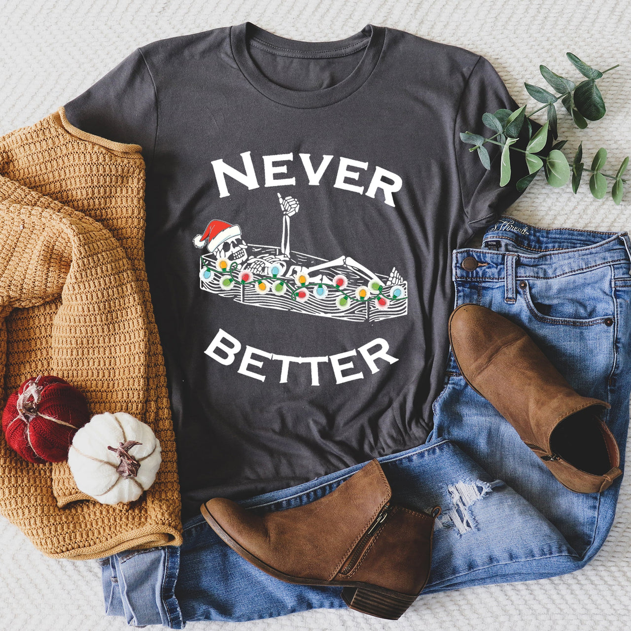 Never Better Christmas Skeleton Retro Holiday Skeleton Parade Spooky Silhouette Artwork Graphic Tee