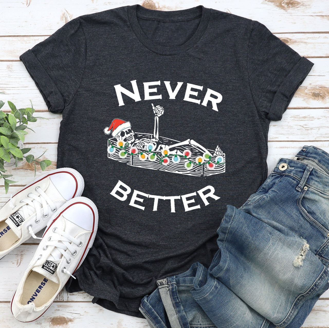 Never Better Christmas Skeleton Retro Holiday Skeleton Parade Spooky Silhouette Artwork Graphic Tee