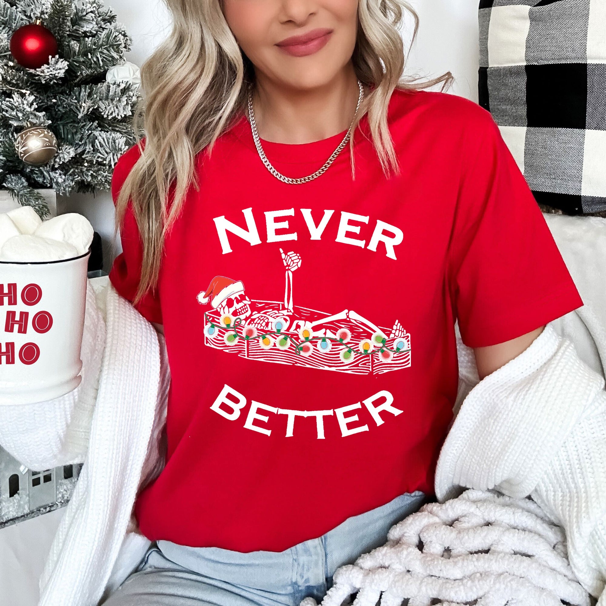 Never Better Christmas Skeleton Retro Holiday Skeleton Parade Spooky Silhouette Artwork Graphic Tee