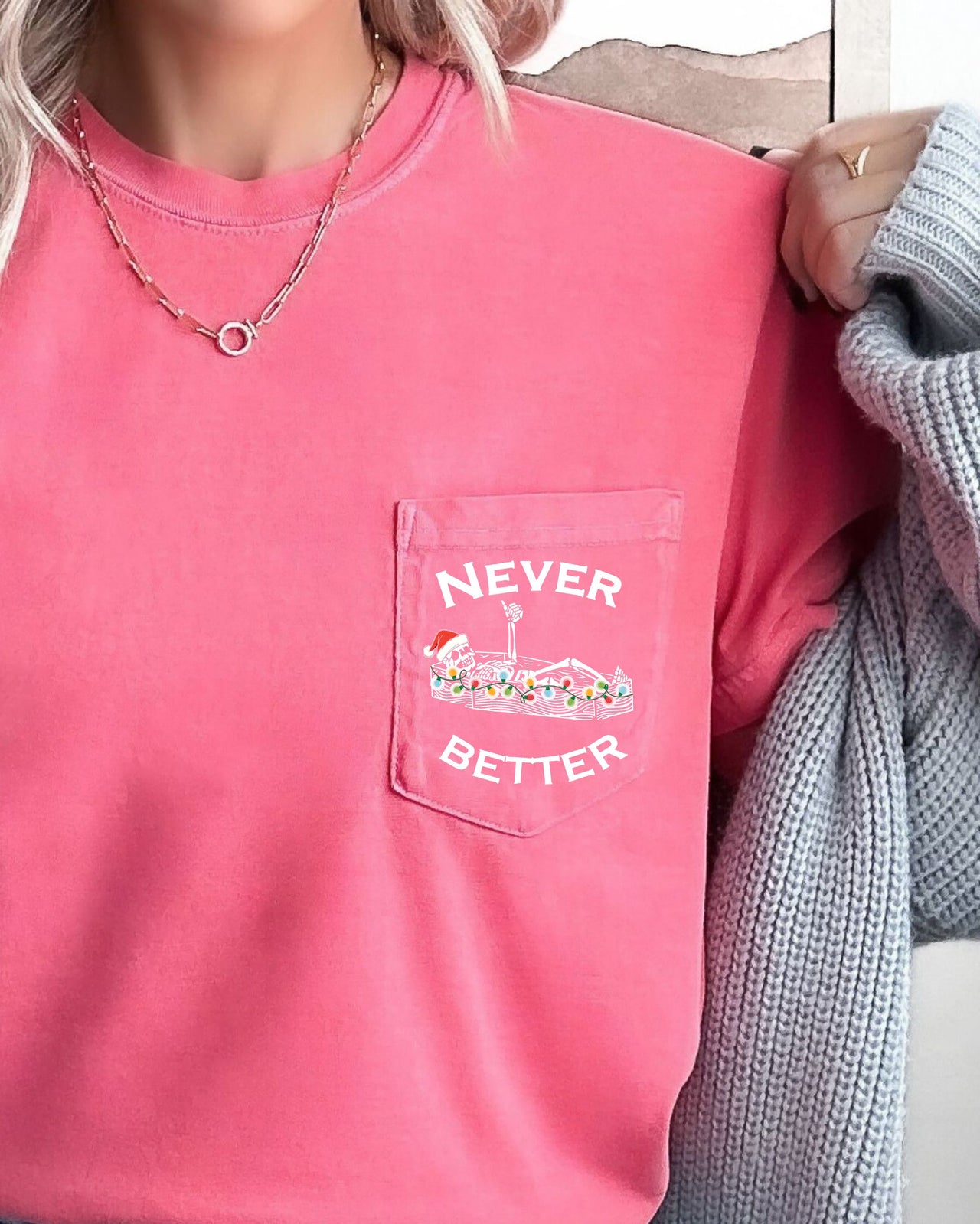 Never Better Christmas Pocket Skeleton Santa Winter Snow Xmas Comfort Colors Tee