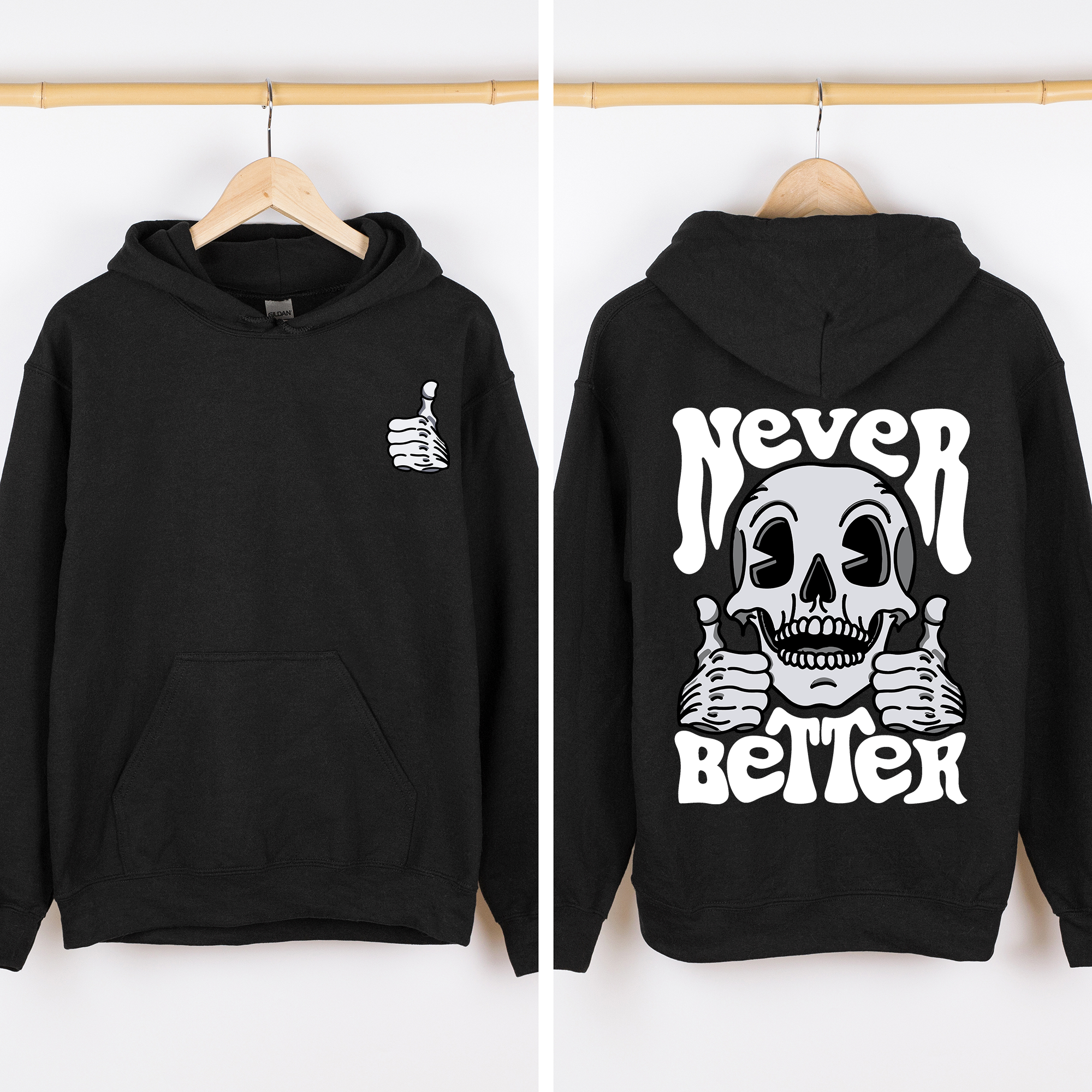 Never Better Skeleton Thumbs Up Vibe Mood Vintage-Inspired Premium Cozy Graphic Hoodie